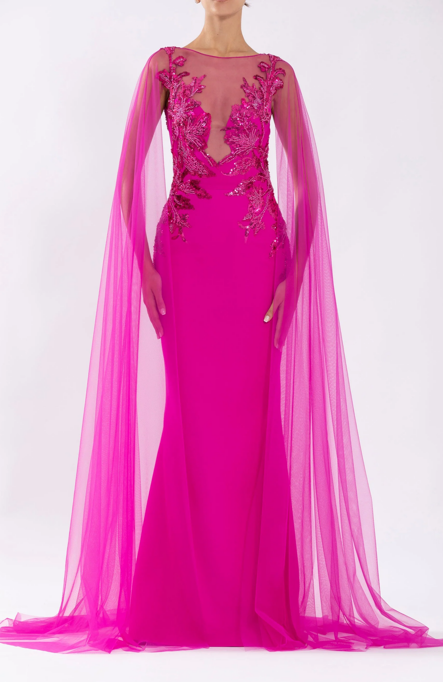 Crepe Mermaid Gown with Beading and Tulle Long Sleeves