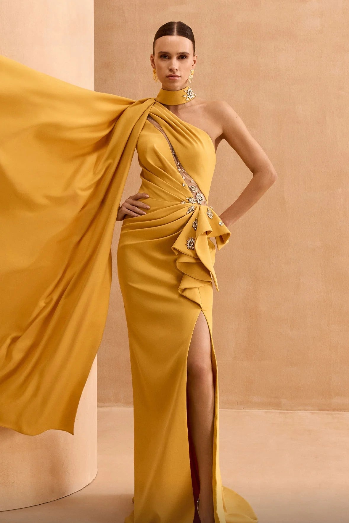 One Shoulder Cape Gown with Slit