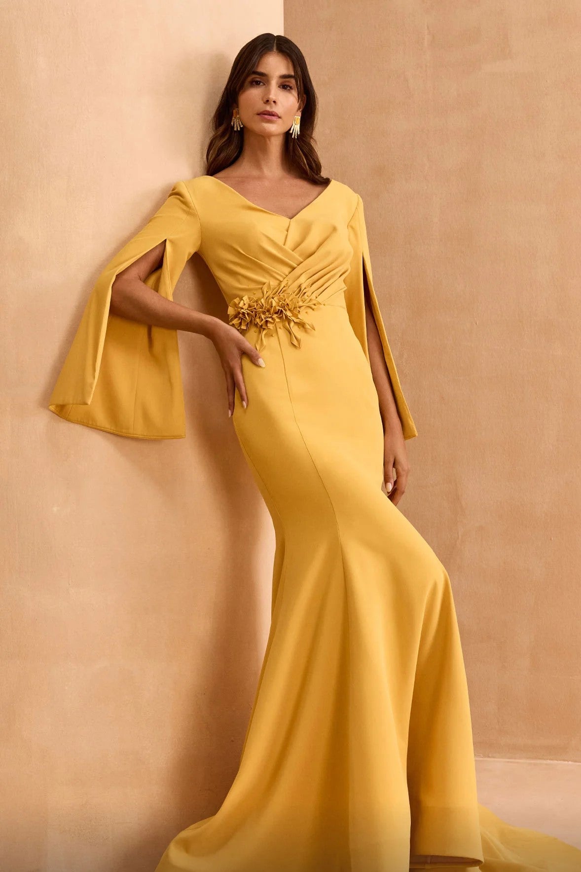 Long Cape Sleeve Flared Gown