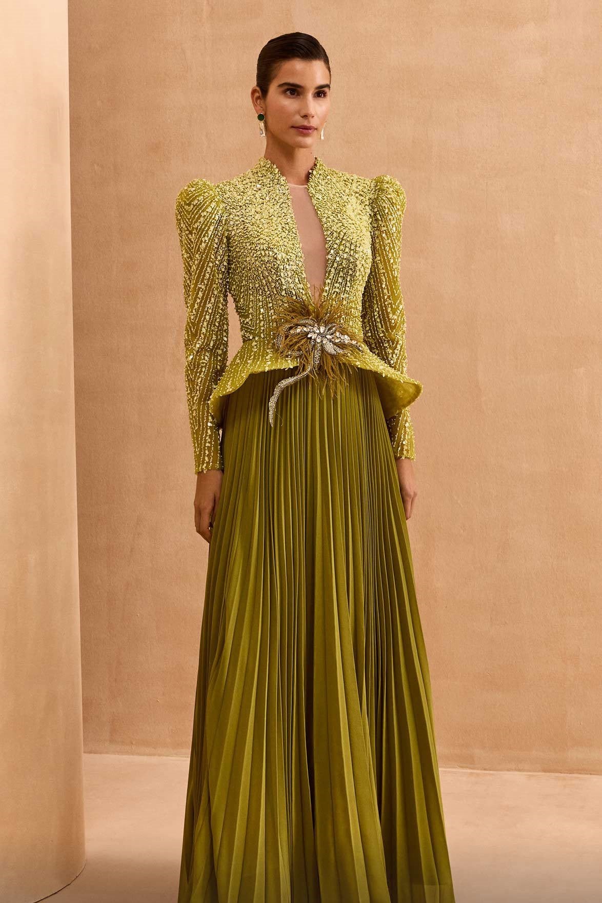 Long Sleeve Peplum Pleated Gown