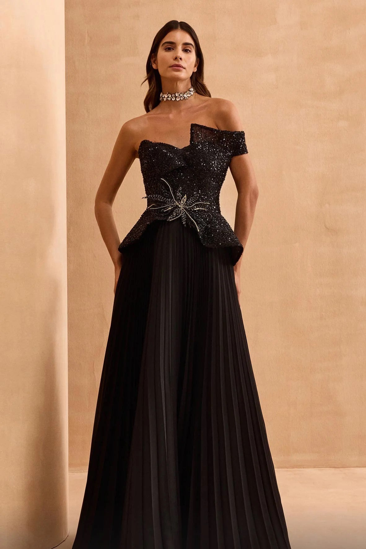 Embellished Bodice Peplum Gown