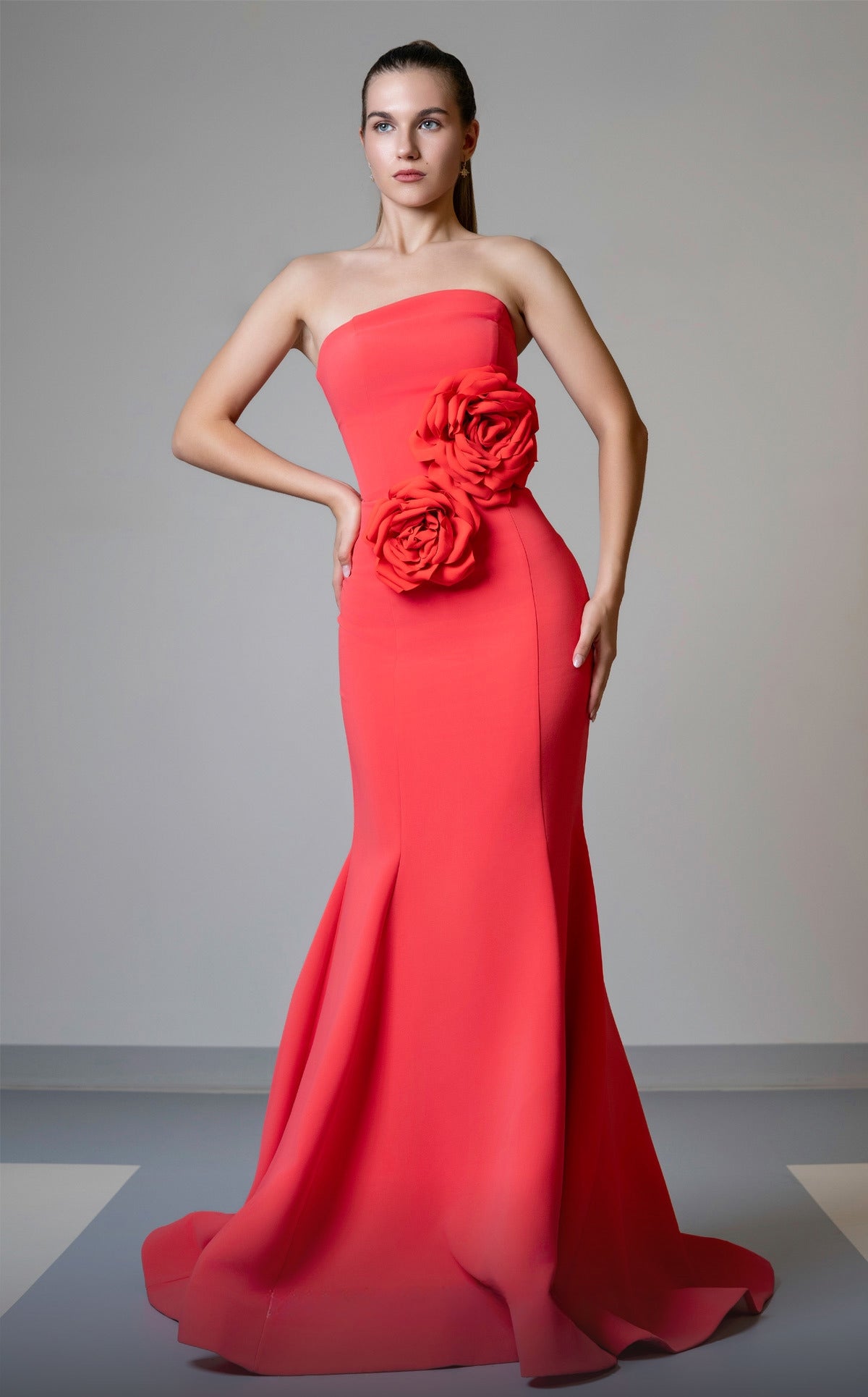Strapless Flared Gown with Floral Detail