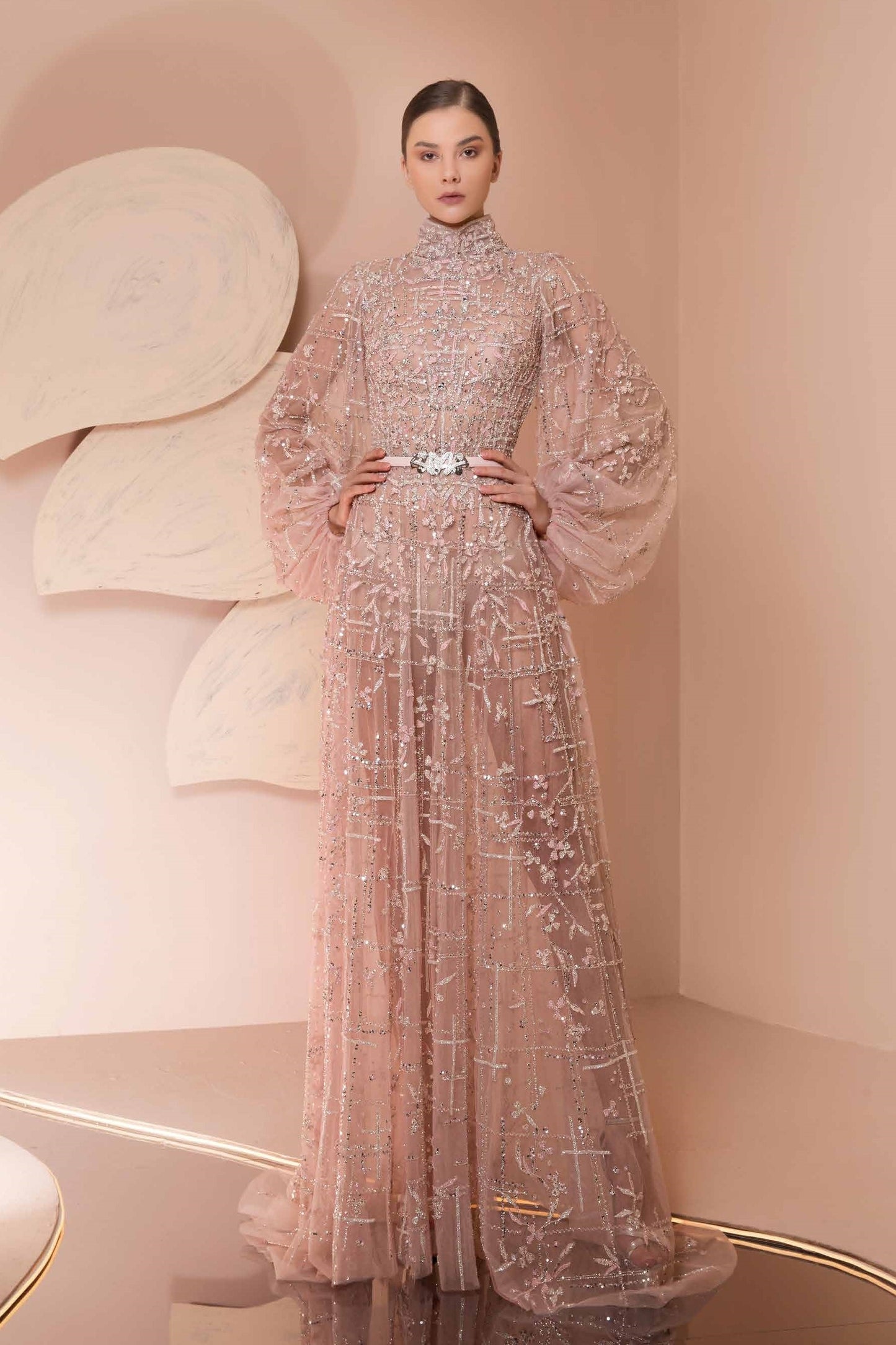 Fully-Beaded Puff Sleeved Gown