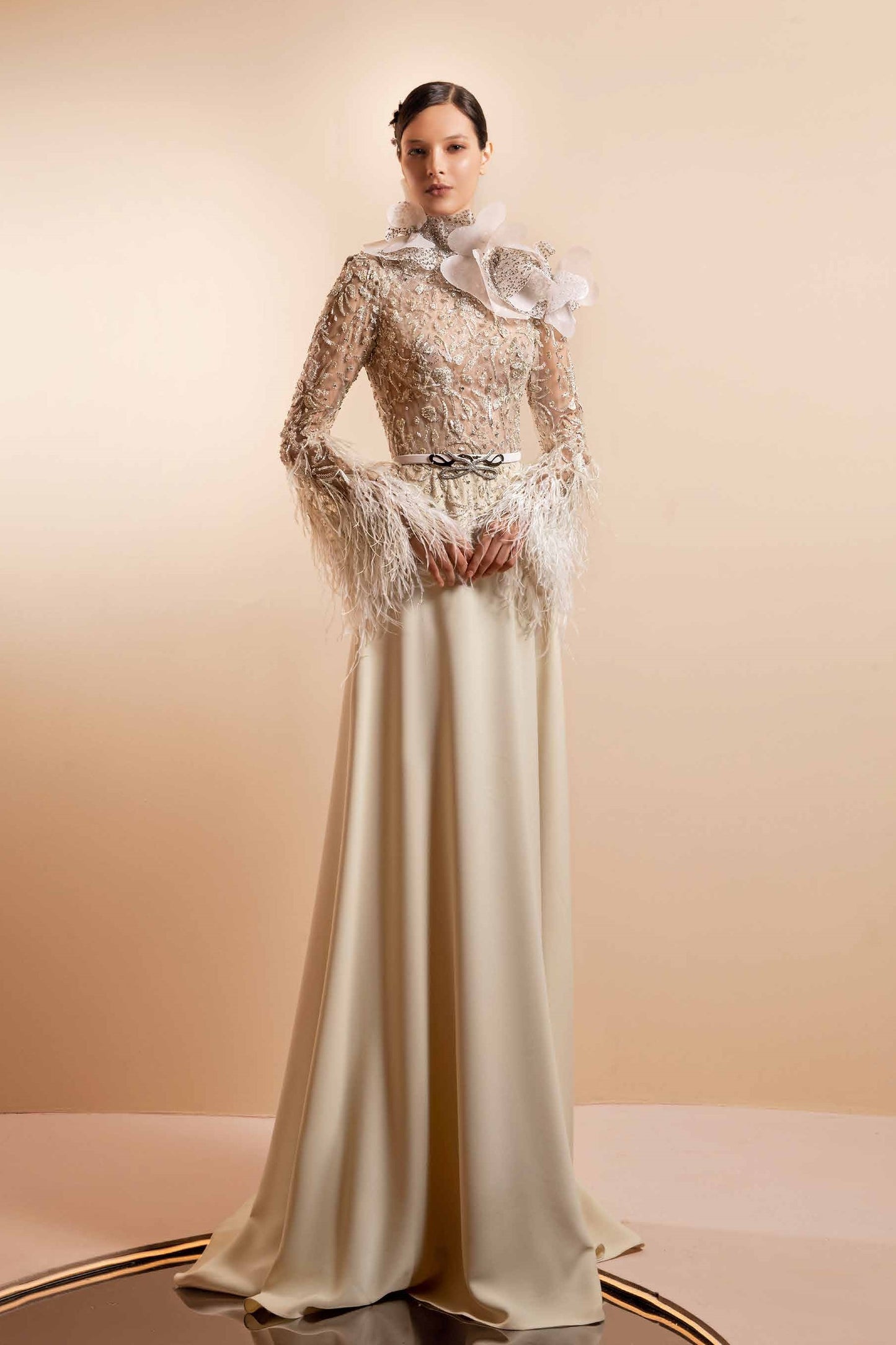 Beaded Feathered Crepe Gown