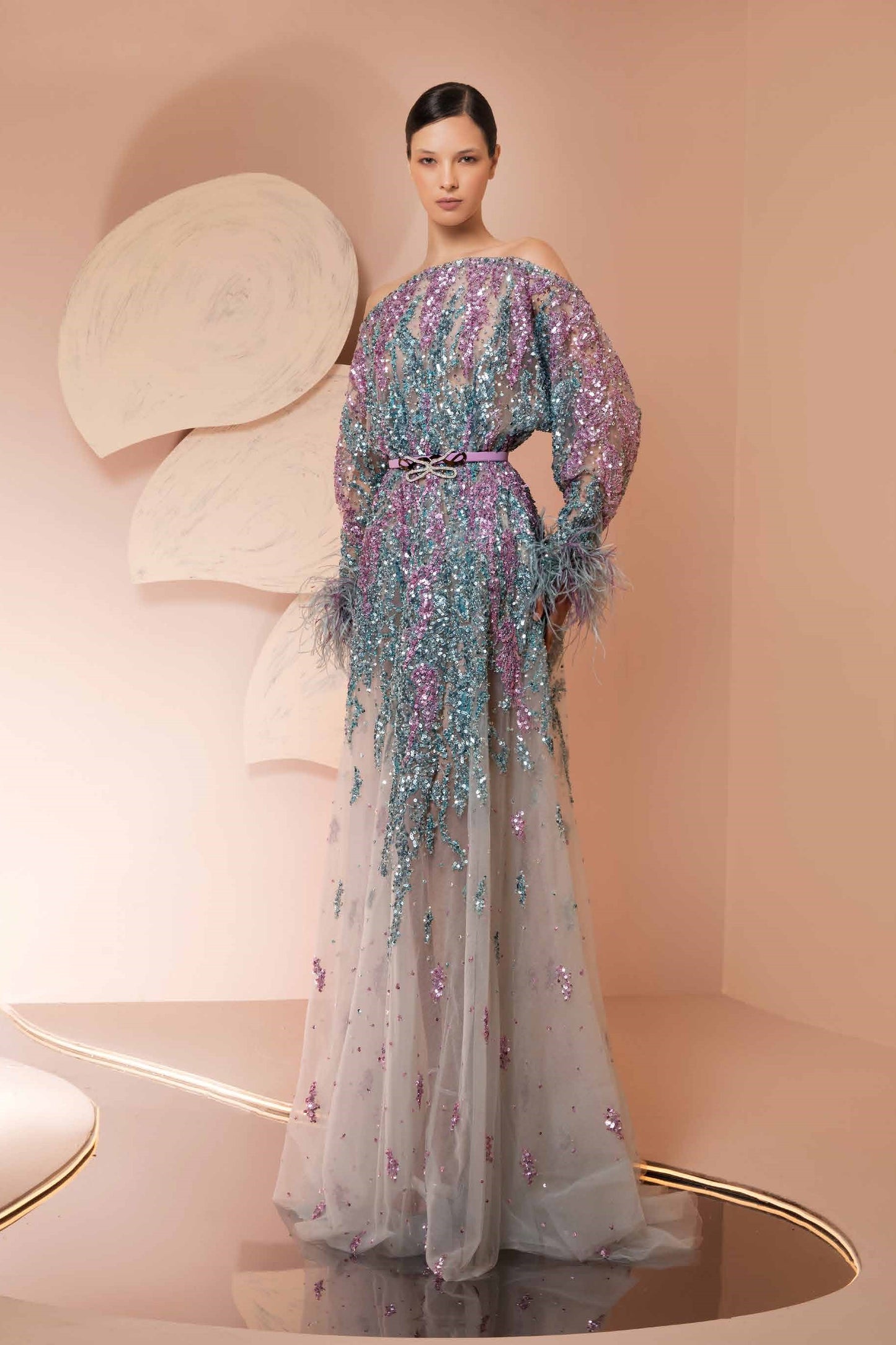 Fully-Beaded Feathered Gown