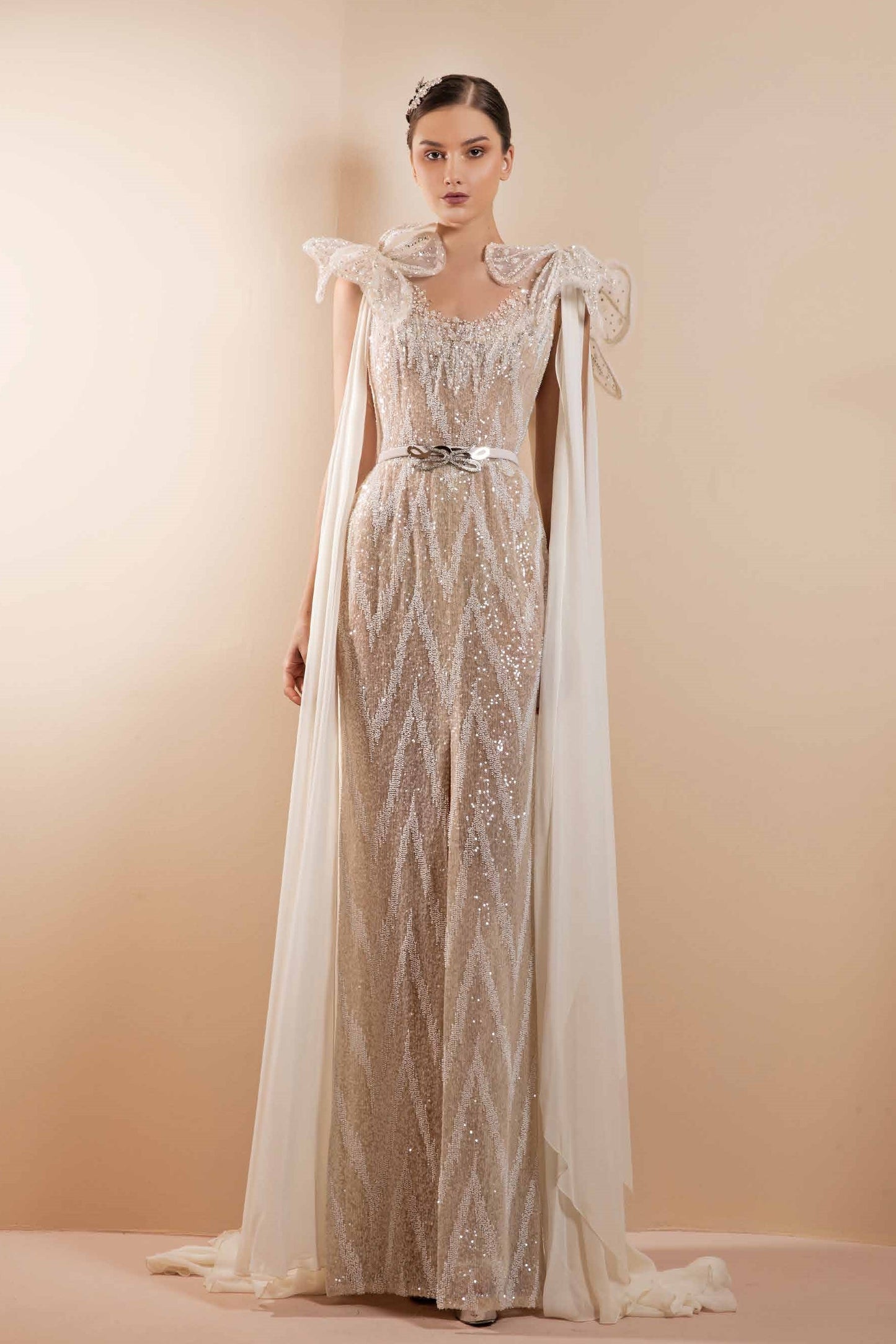 Fully Beaded Scarve Sleeve Gown