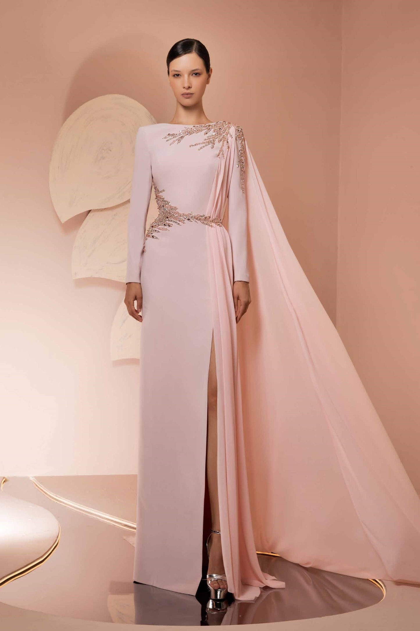 Crepe Gown with Muslin Scarve