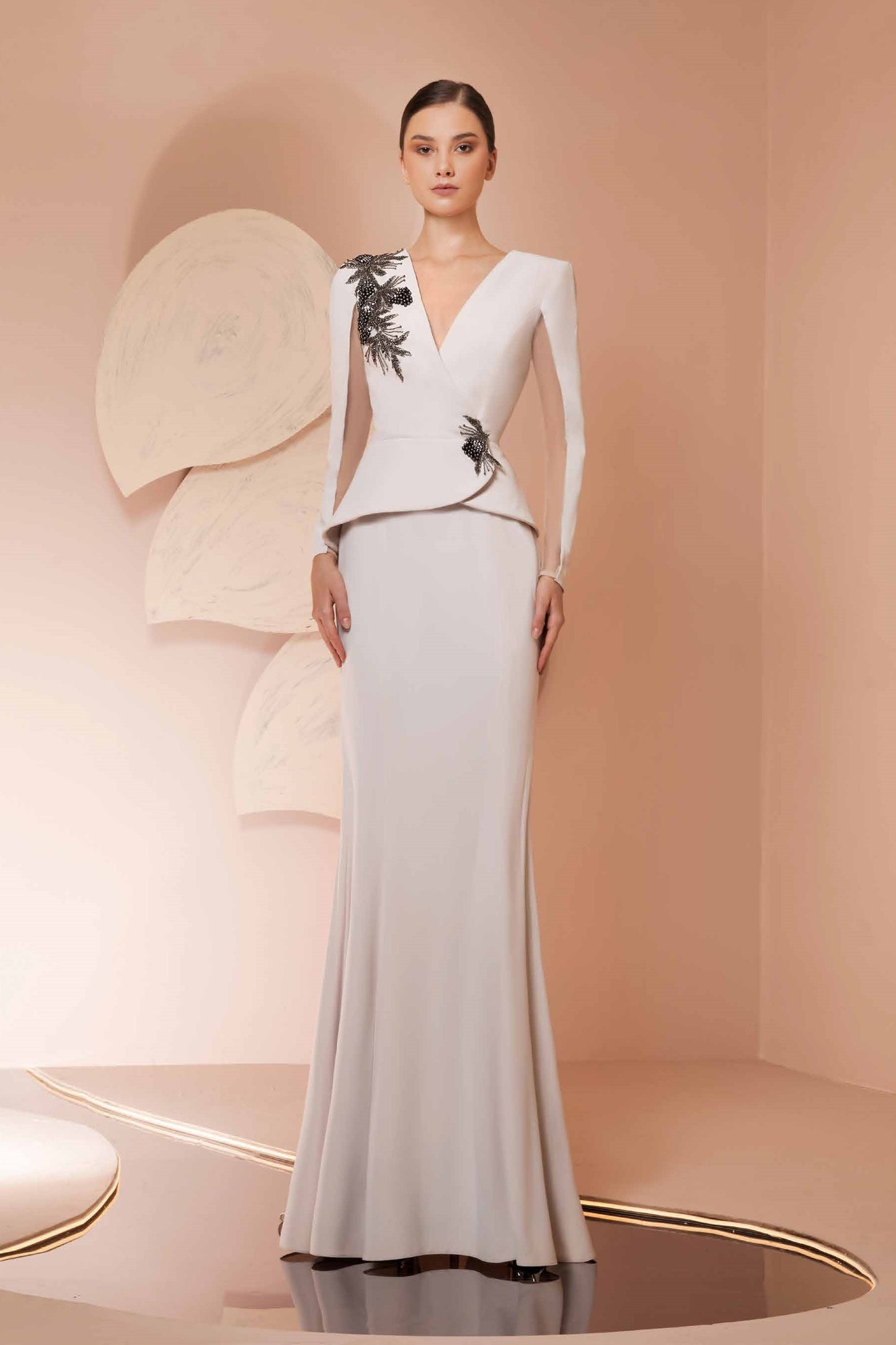 Crepe Sleeved Peplum Gown