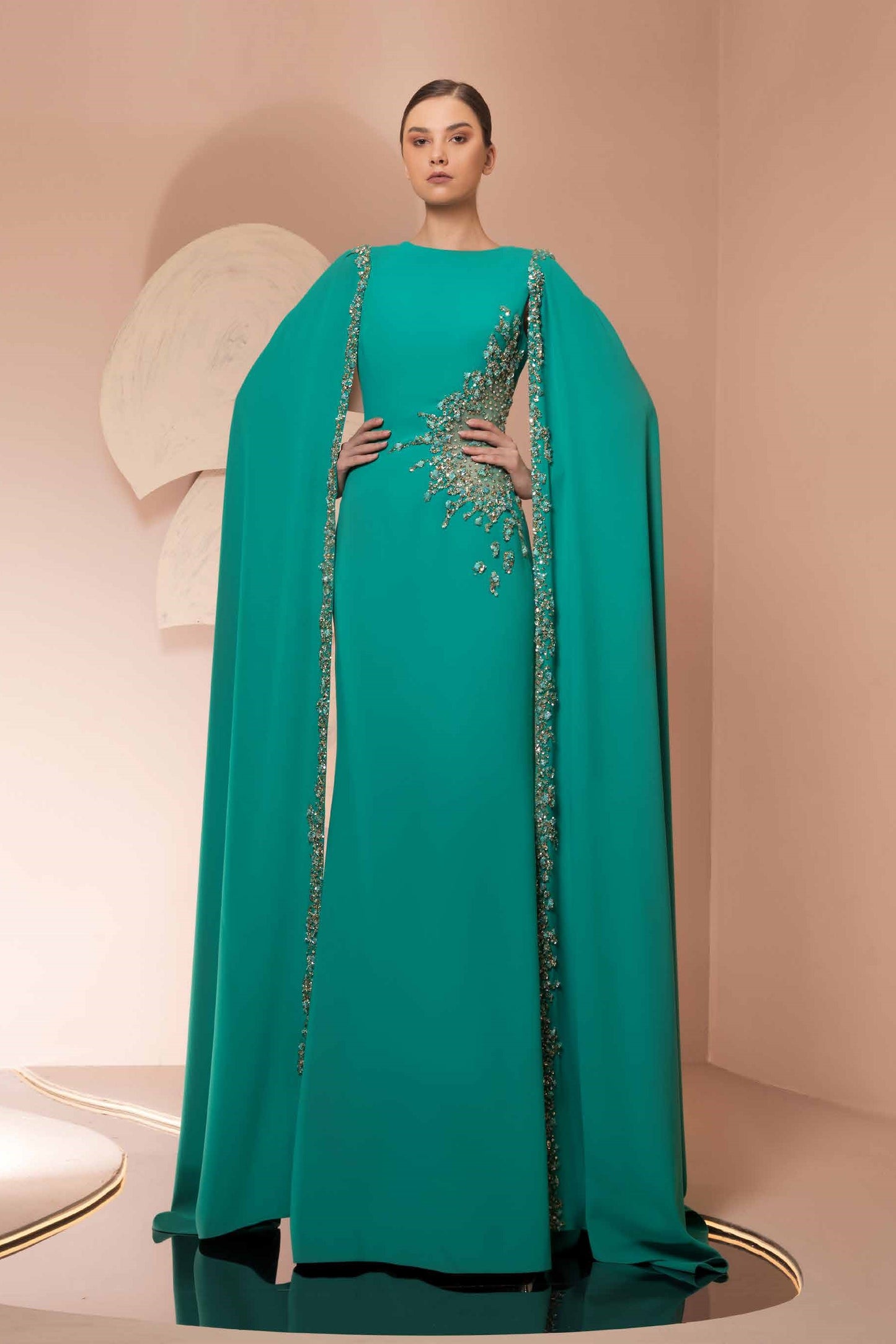 Crepe Cape Sleeved Gown