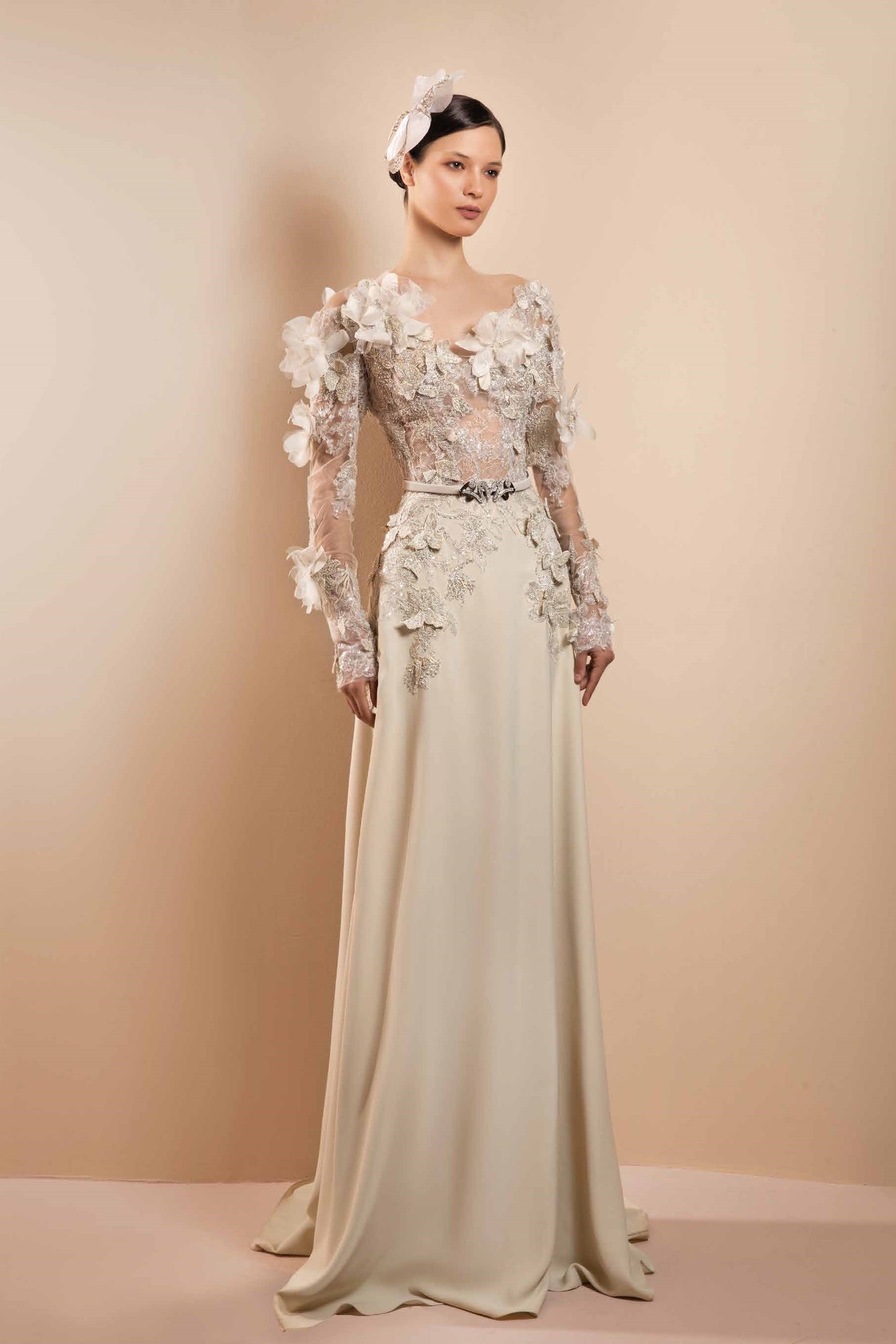 Crepe and Floral Lace Gown