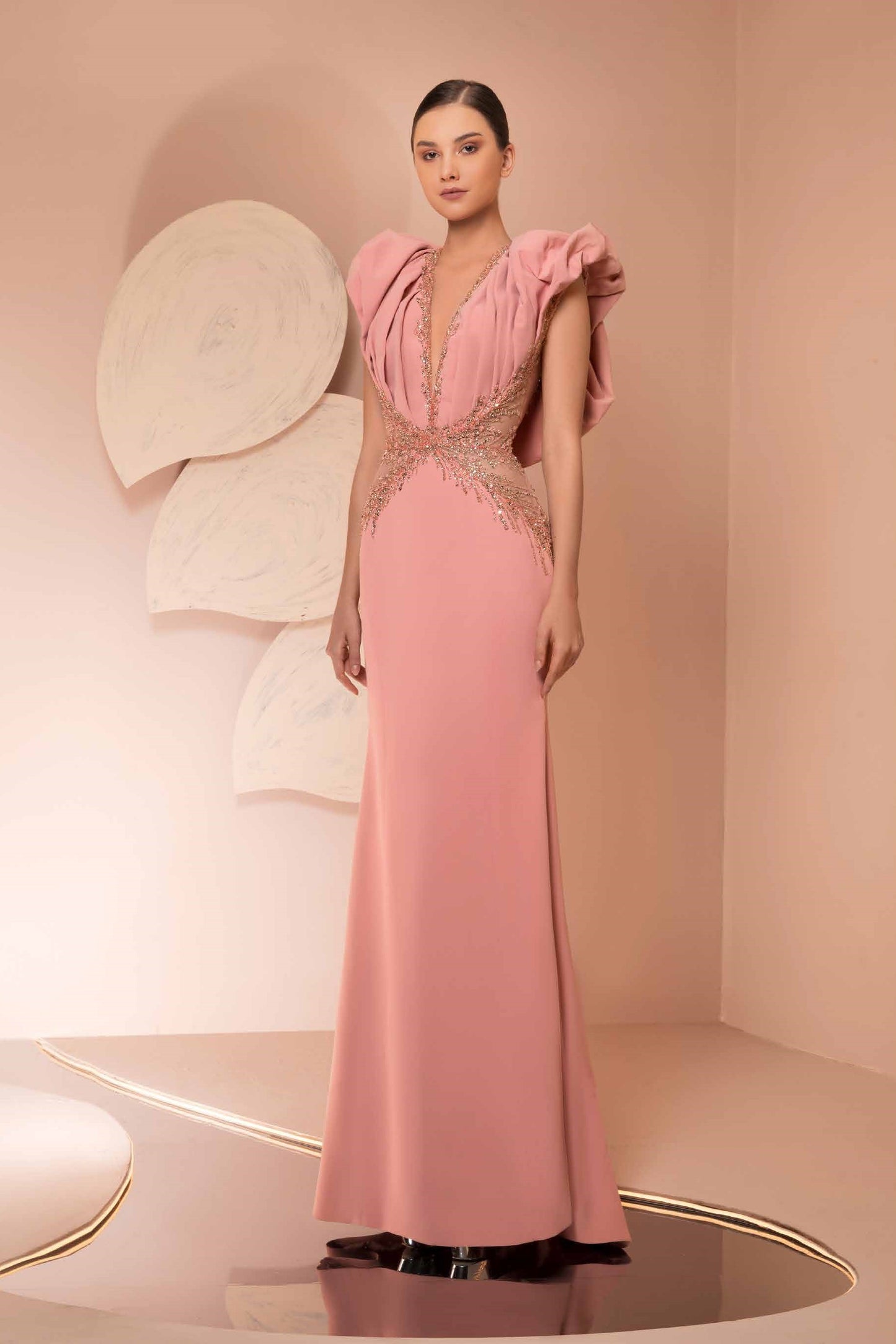 Crepe Embroidery Flared Gown
