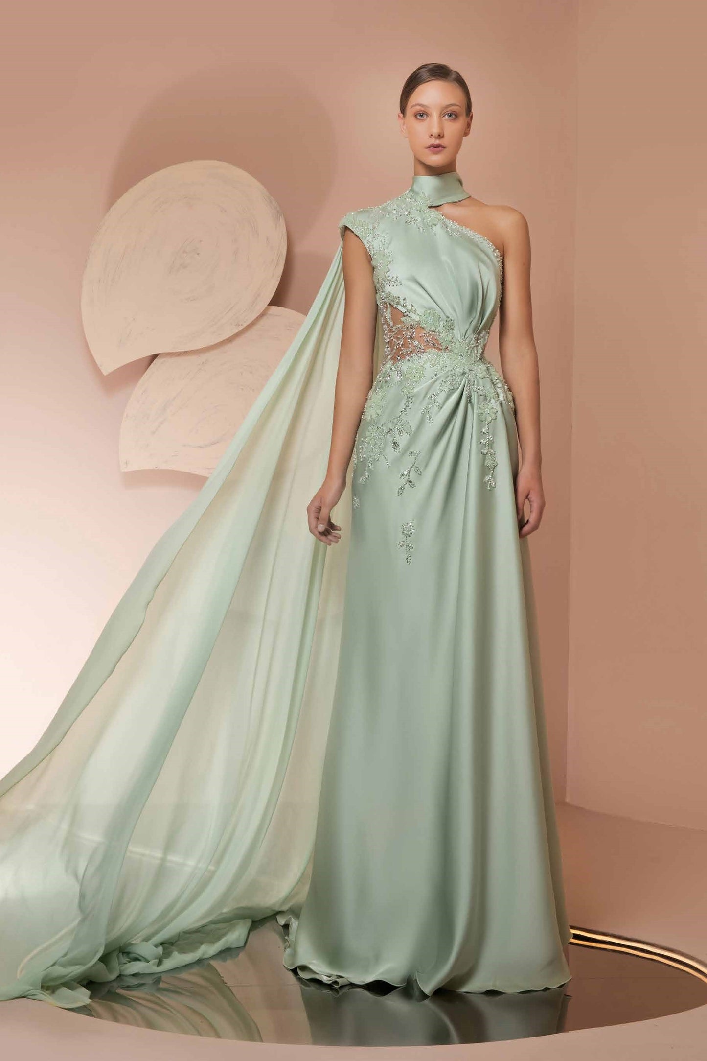 Satin Gown with Muslin Scarve