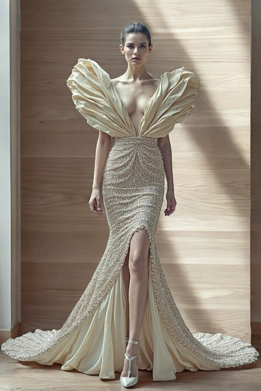 Flared Sculpted Plunging Bodice Gown