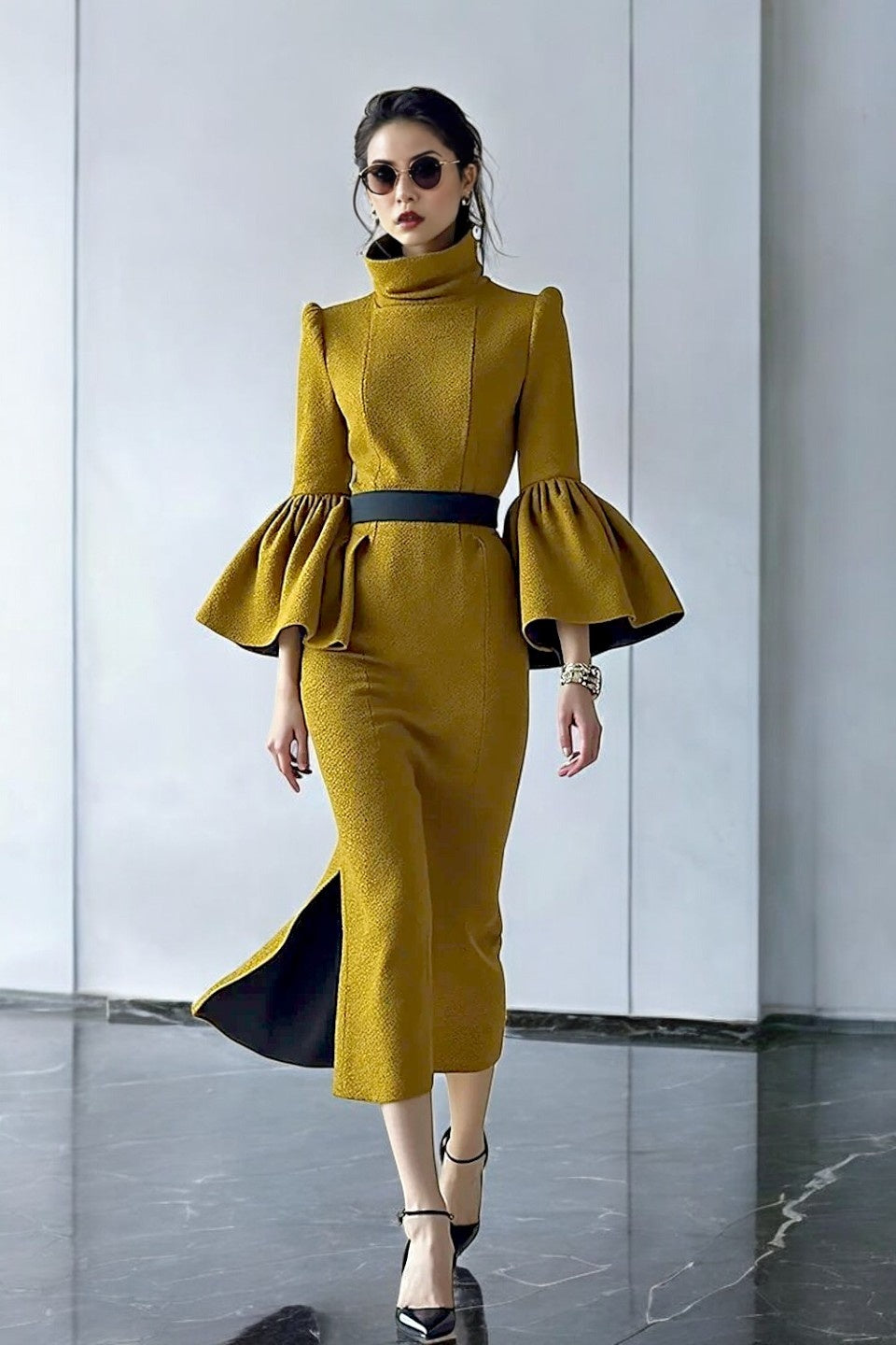 High-Neck Bell Sleeved Dress