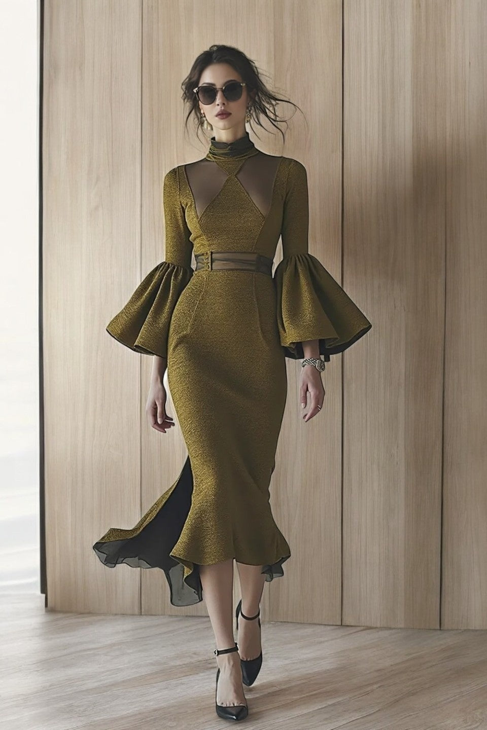 High Neck Bell Sleeved Dress