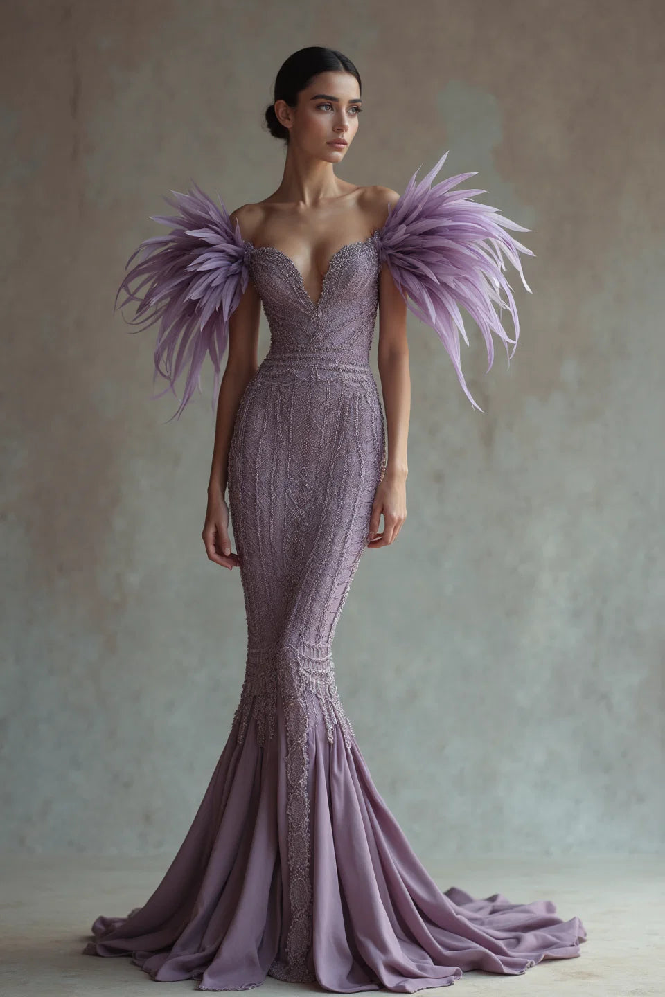 Feathered Sleeve Off Shoulder Gown