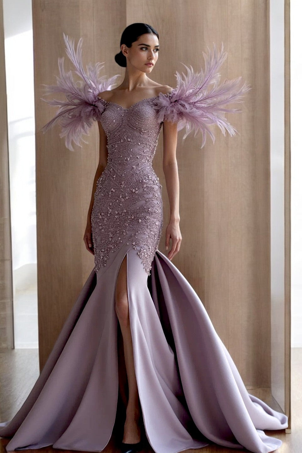 Feathered Sleeve Flared Slit Gown