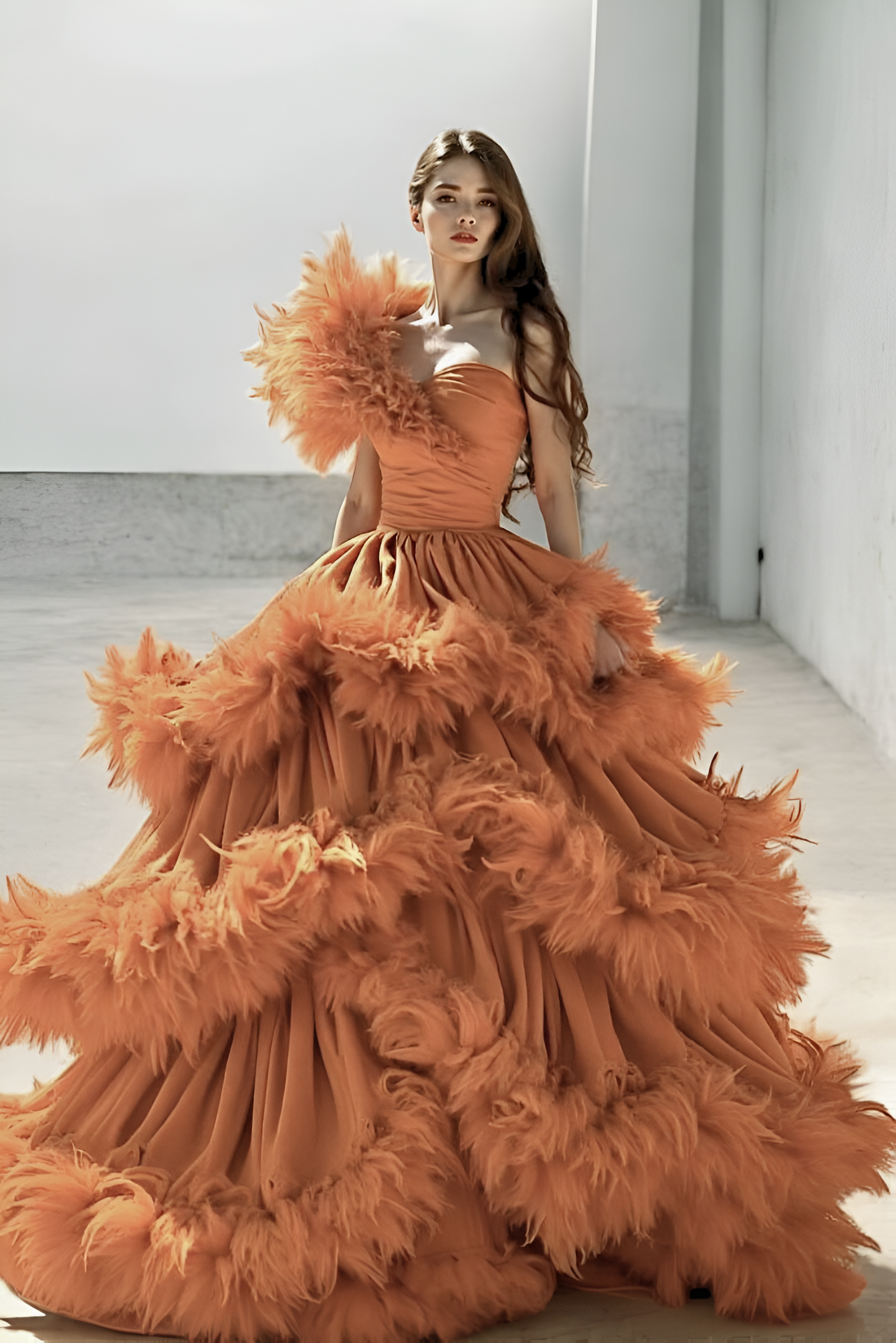 Feathered Tiered Ball Gown