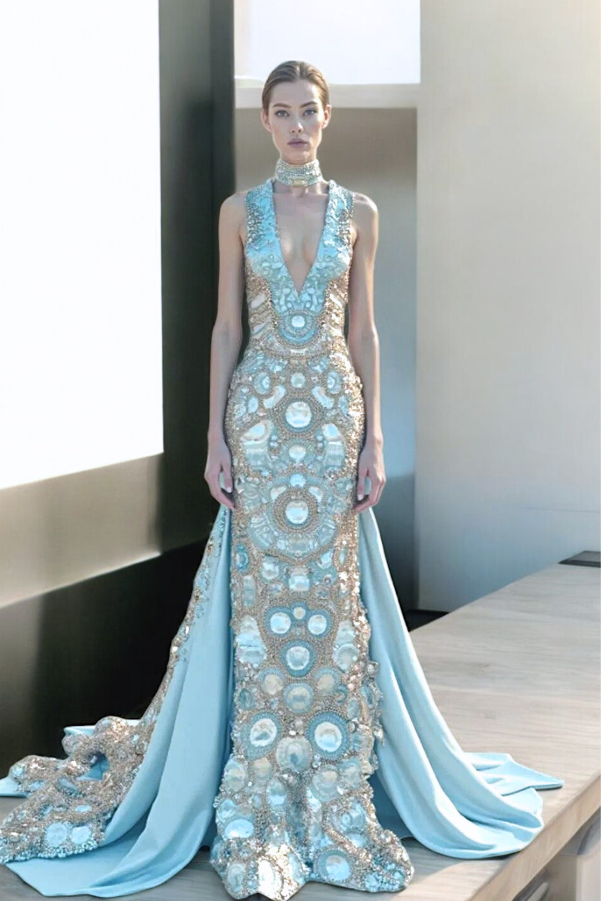 Sleeveless Collared Neck Gown