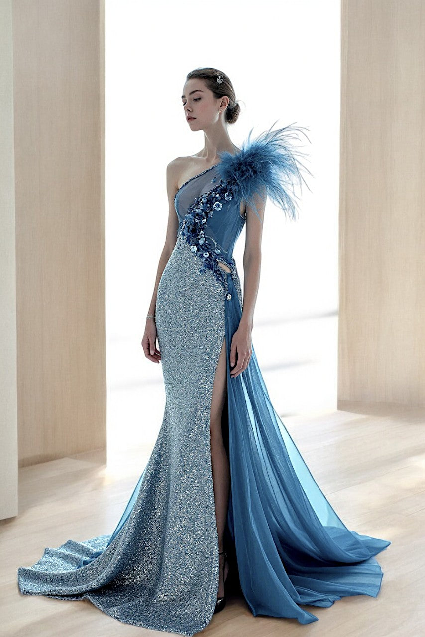 Feathered One-Shoulder Gown