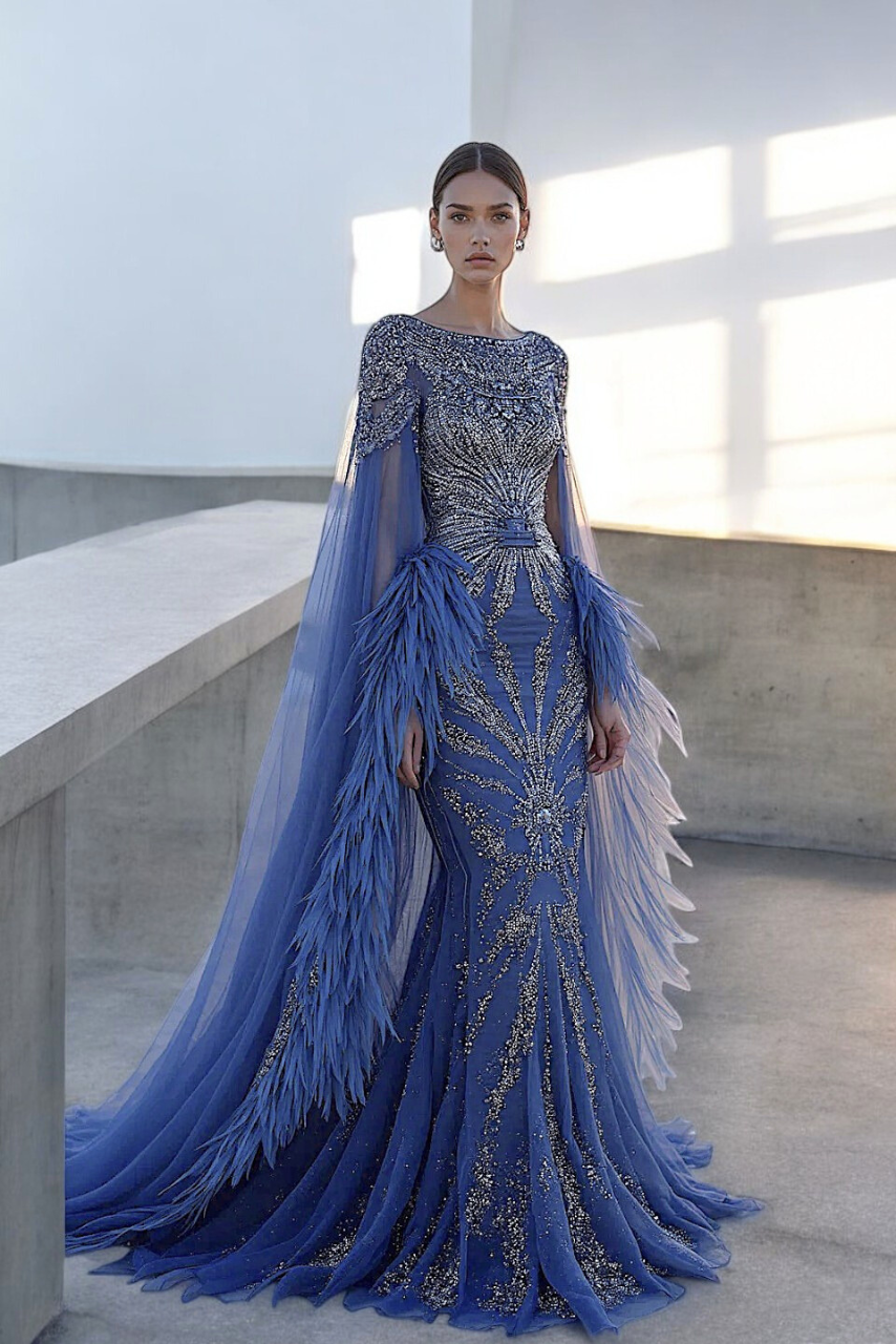 Embroidered Feather Detail Gown