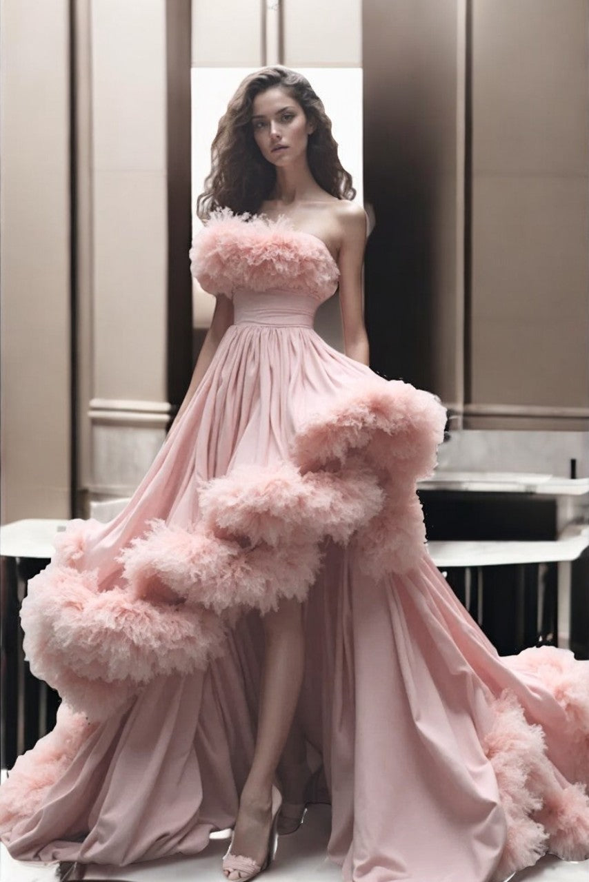 Strapless Feathered High-Low Gown