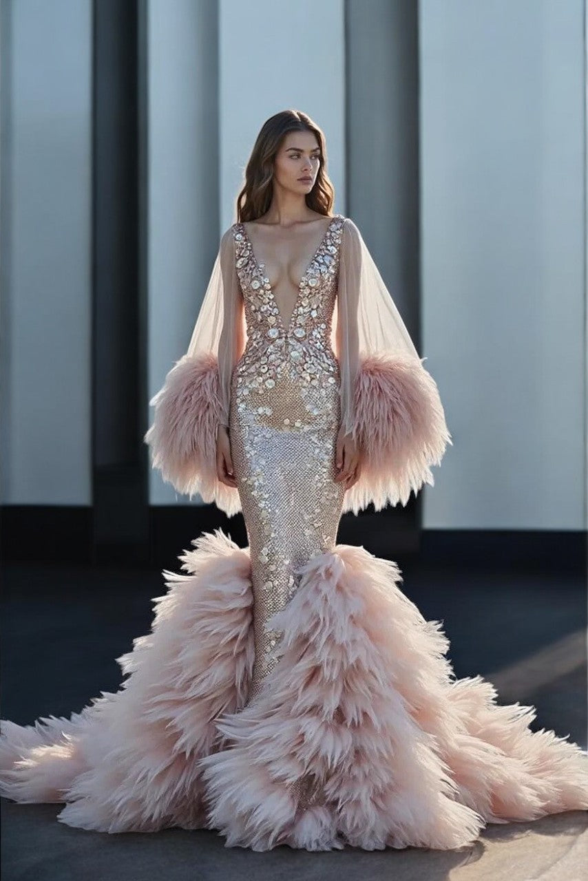Plunging Neck Feathered Gown