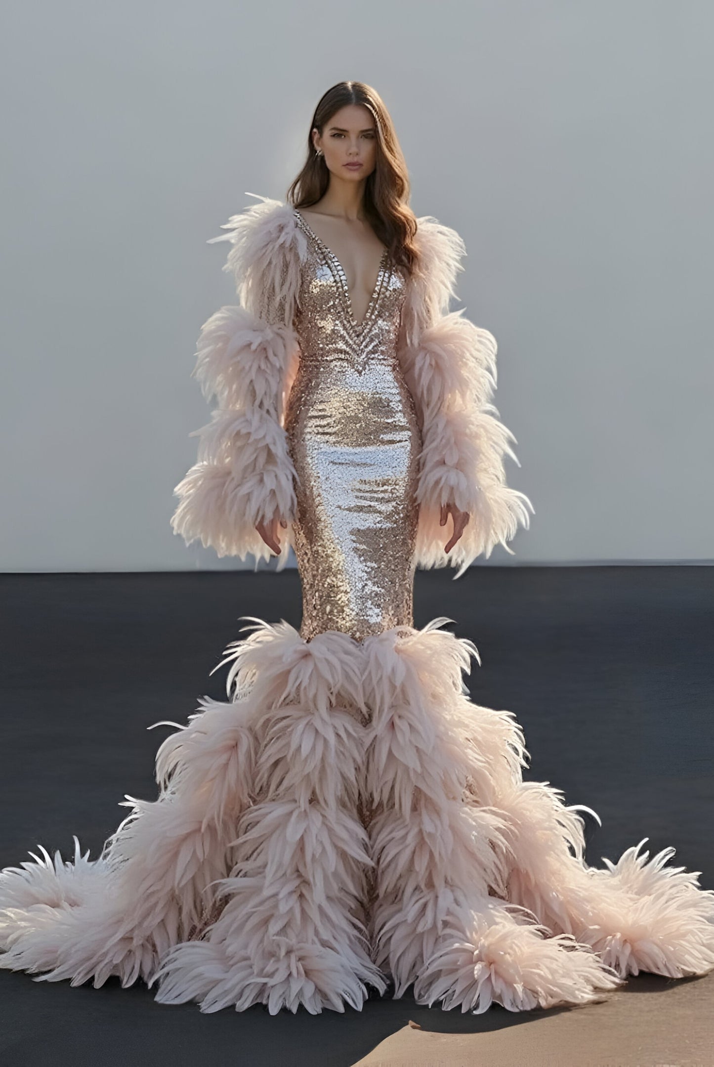 Plunging-Neck Feathered Gown