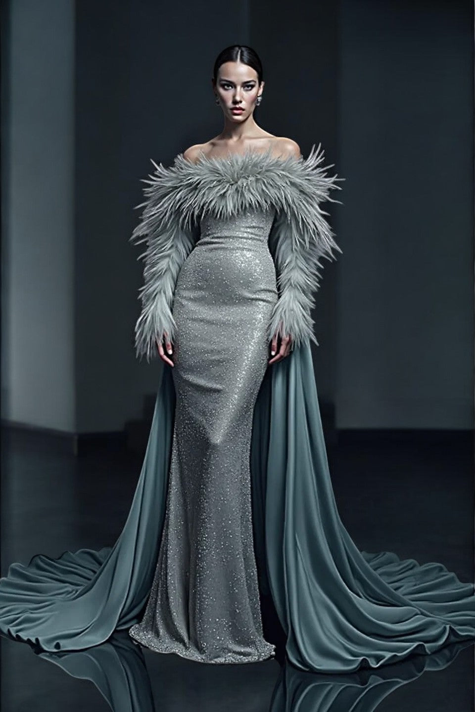 Off-Shoulder Feather Sleeve Gown