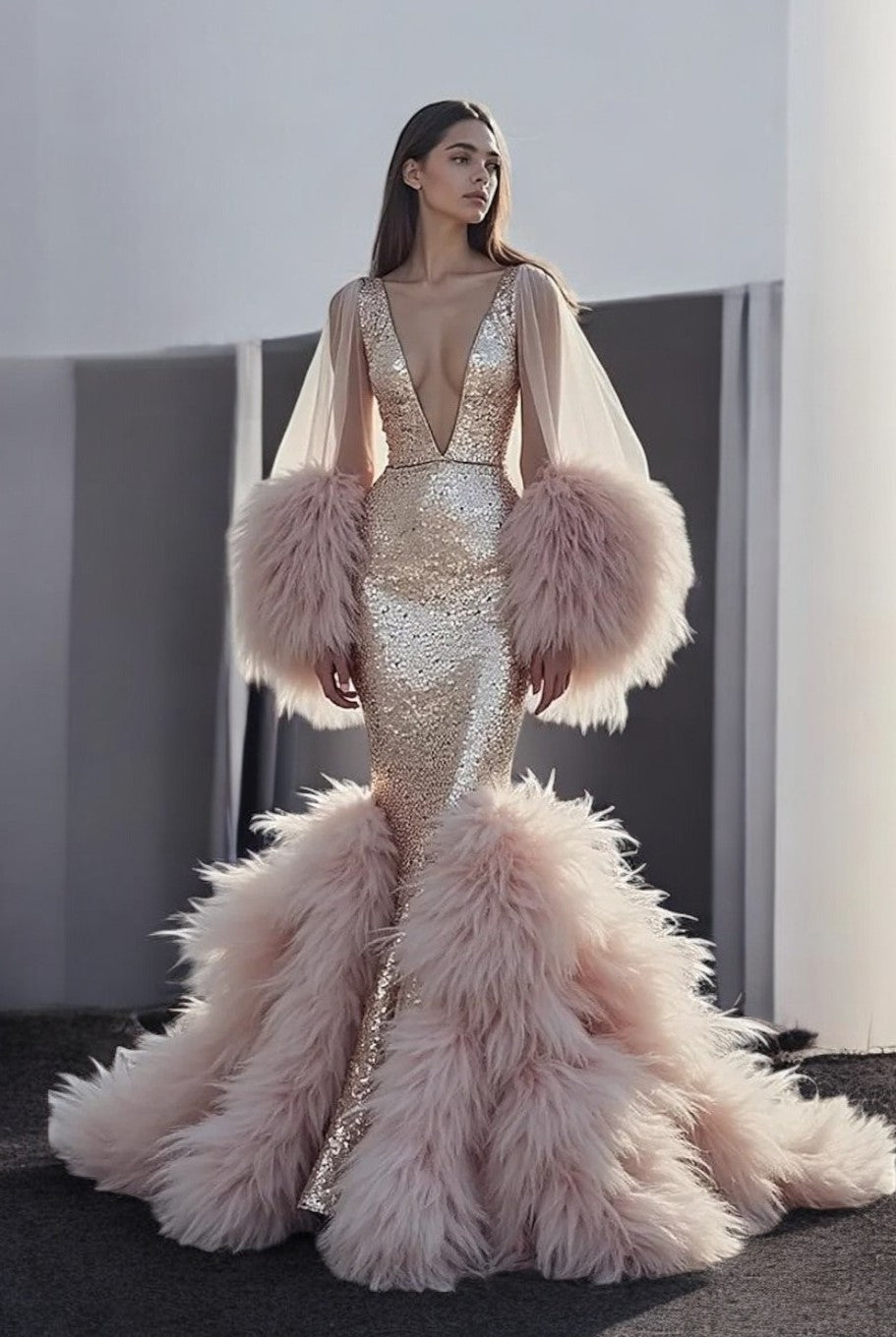 Flared Plunging-Neck-Feathered Gown