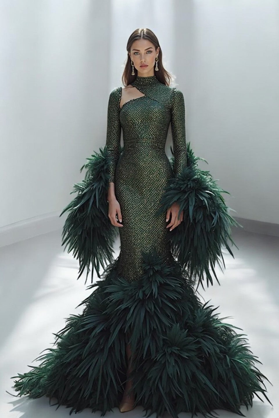 Flared Feather Embellished Gown
