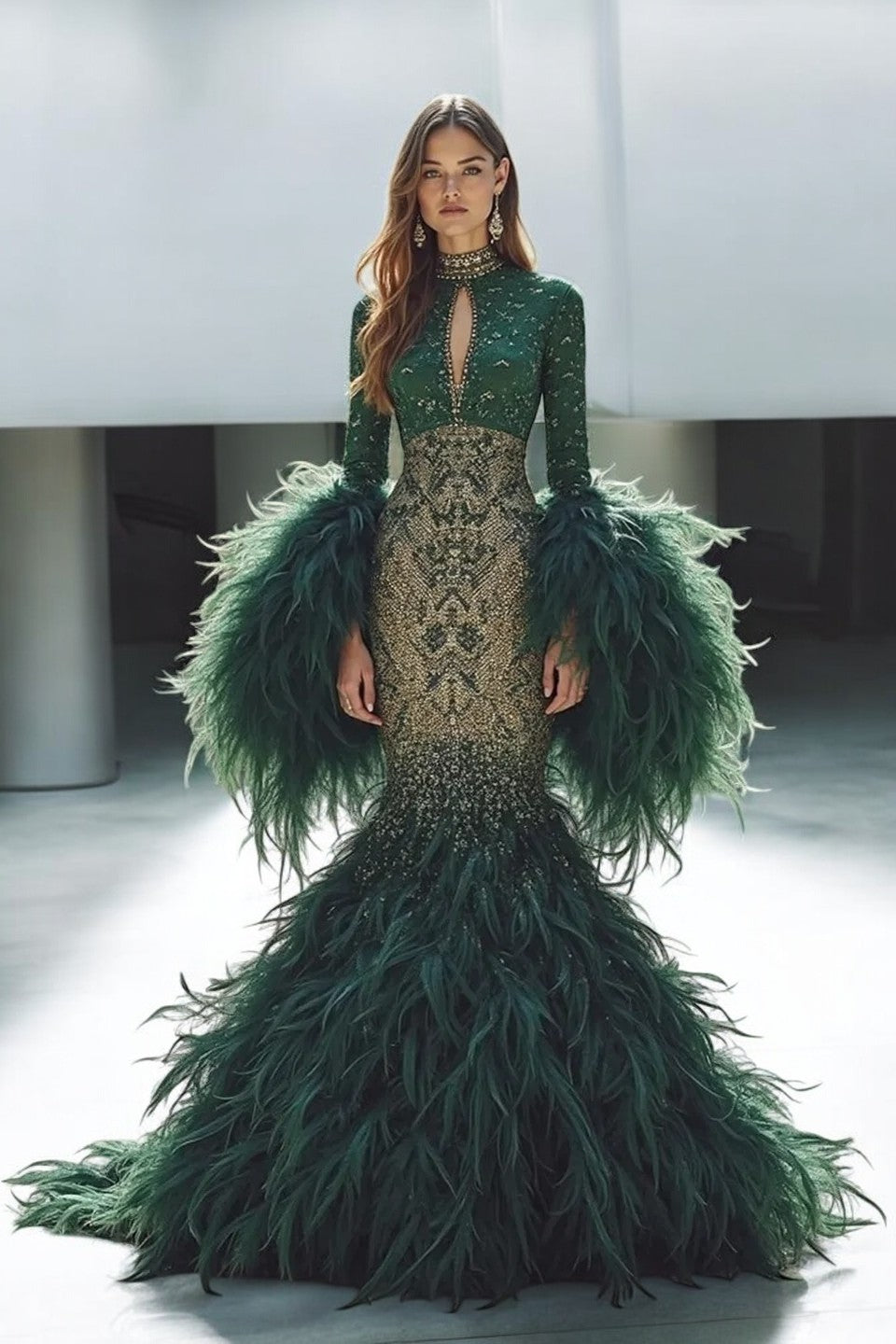 Flared Feather-Embellished Gown