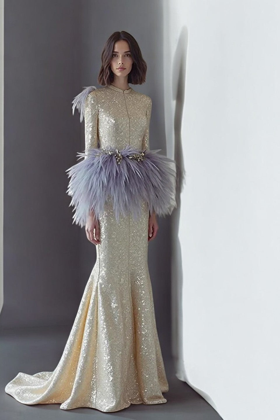 Feathered-Peplum Flared Gown