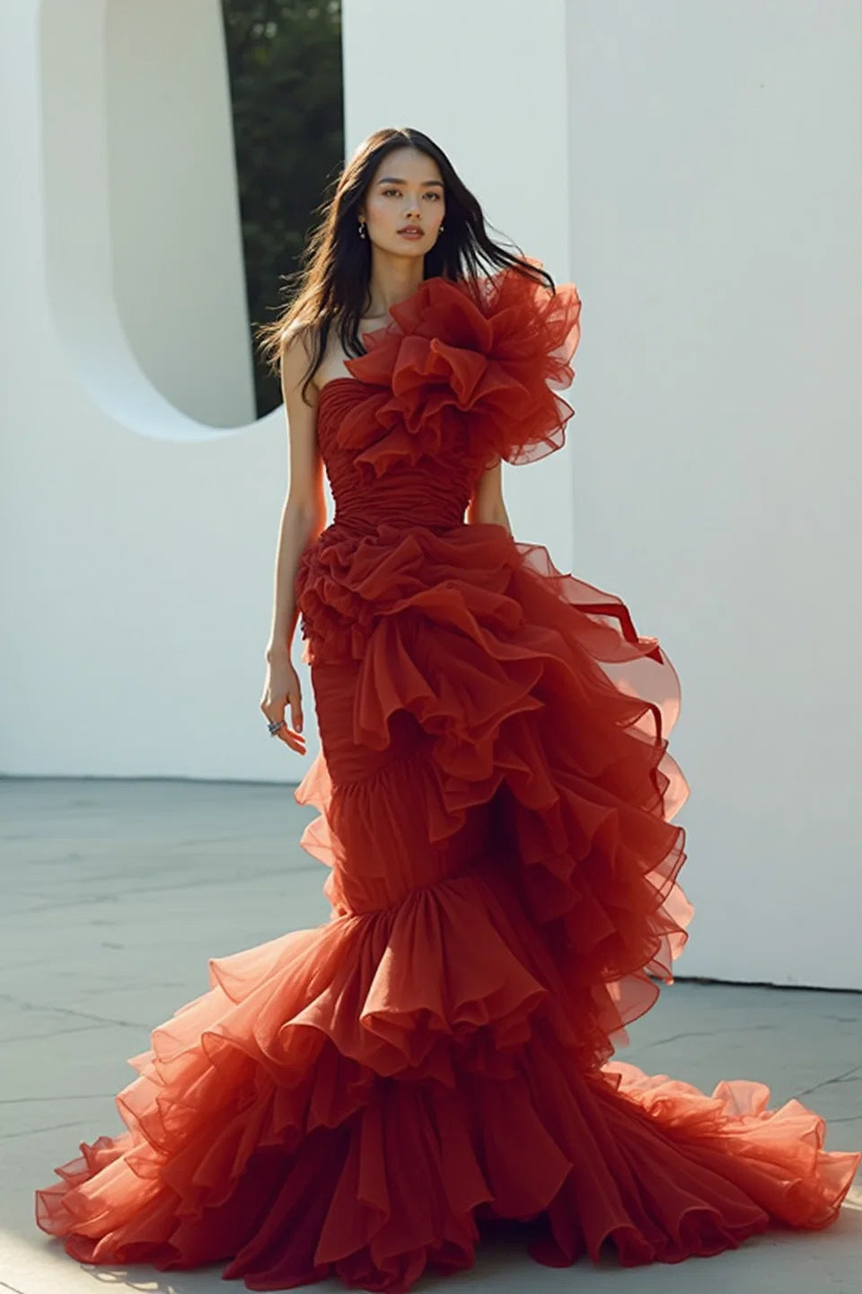 Cascading-Ruffled One Shoulder Gown