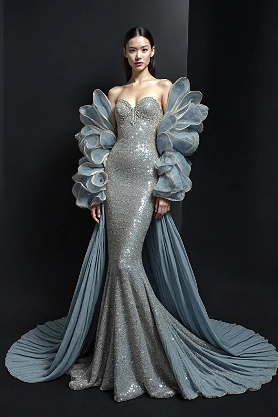 Off-Shoulder Feather Sleeve Gown