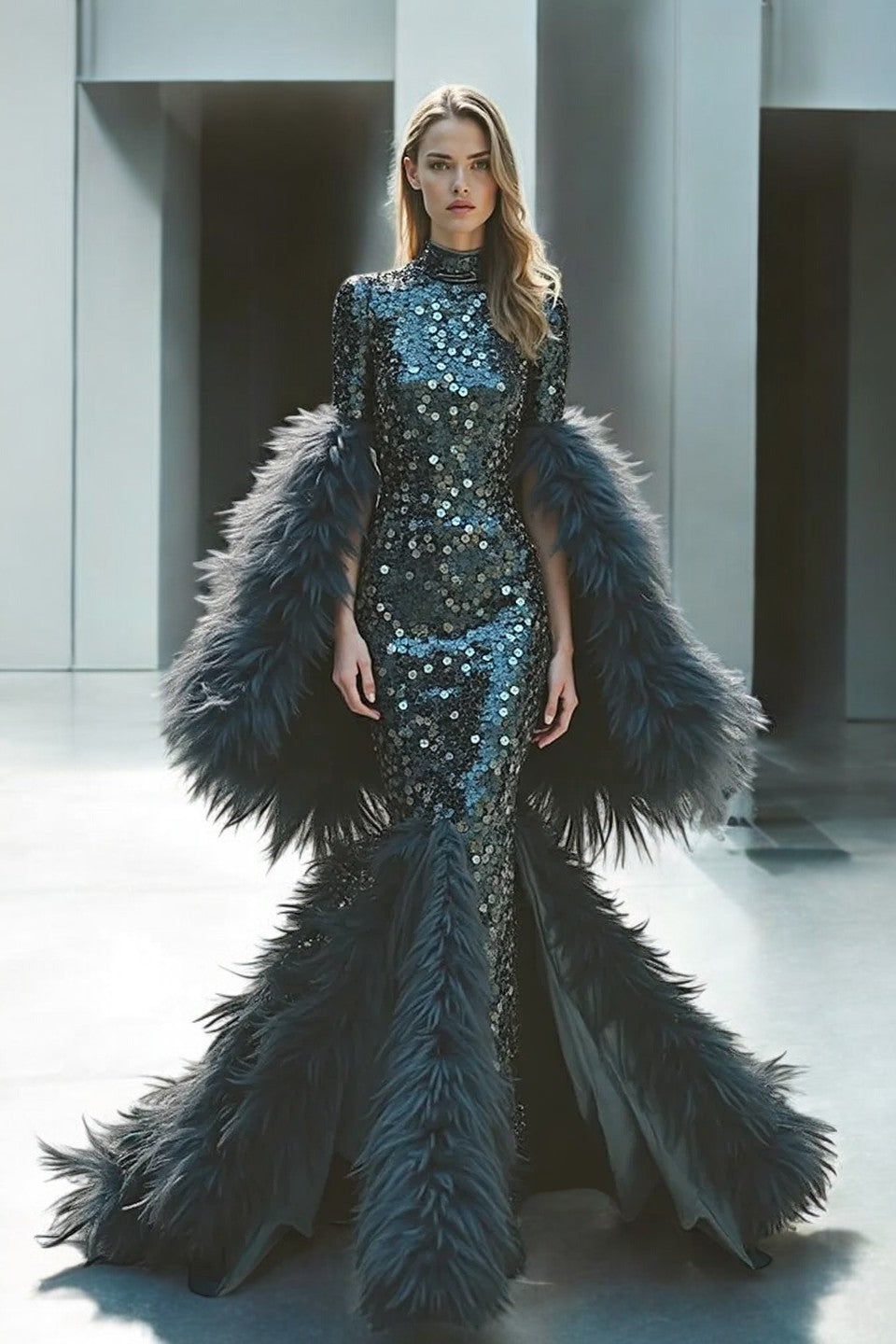 Embellished Feather-Detail Gown