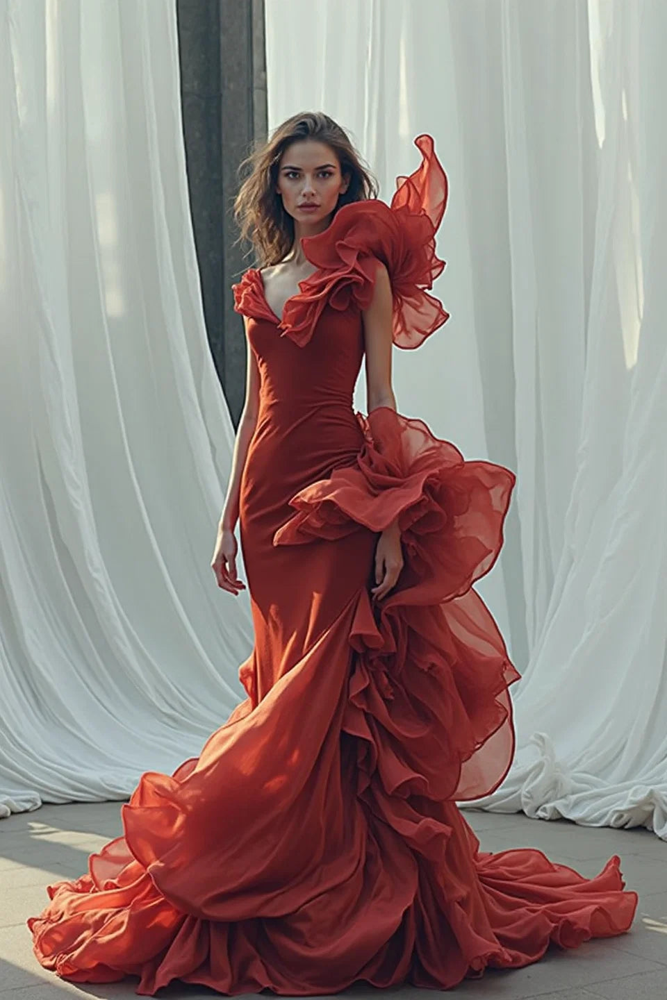 Structed Ruffled Shoulder Gown