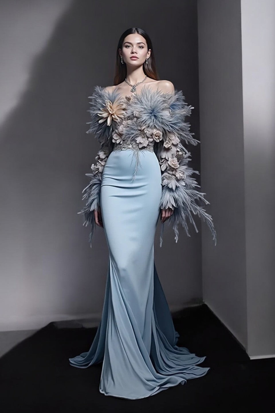 Off-Shoulder Feathered Floral Gown