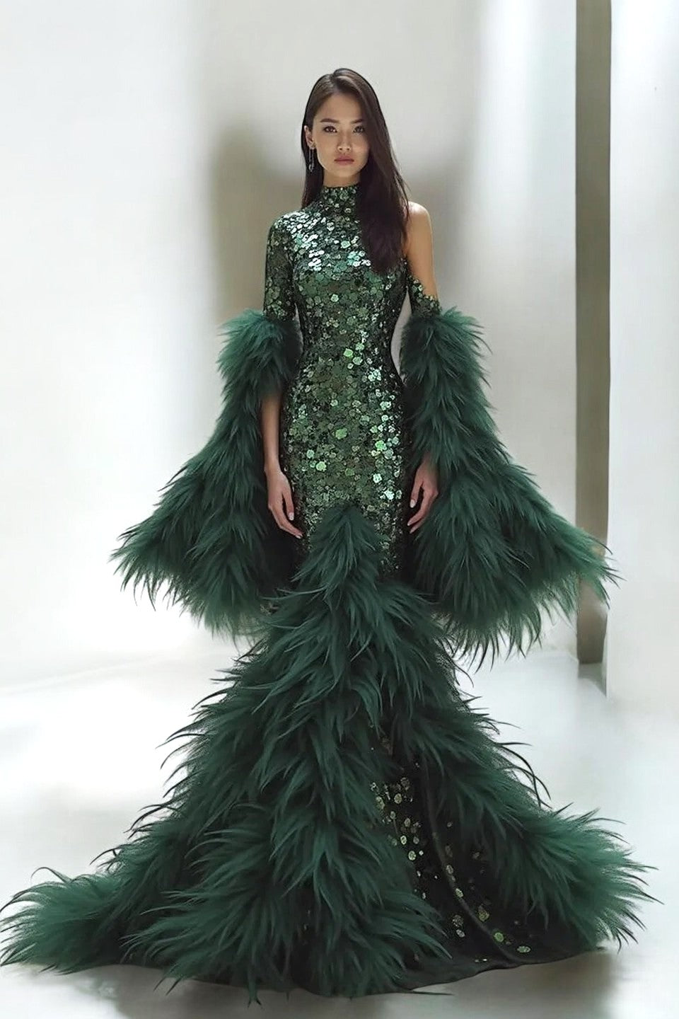 Asymmetrical Feather Embellished Gown
