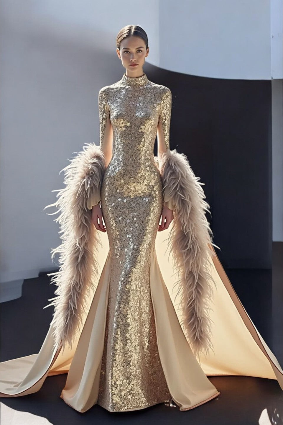 Feathered-Sleeved High-Neck Gown