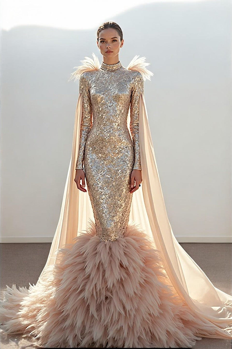 Feathered Flared High-Neck Gown