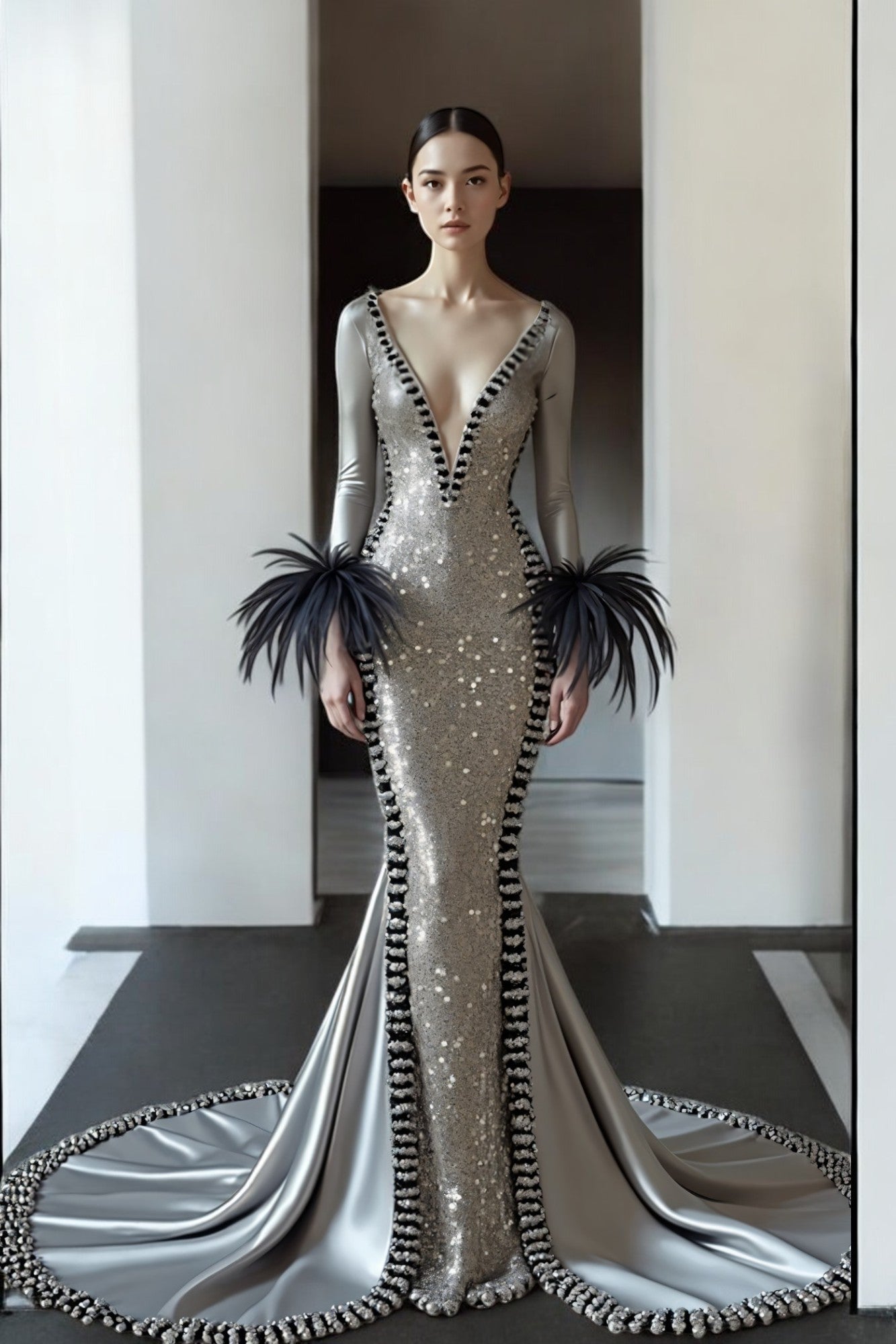 Feathered Cuff Gown