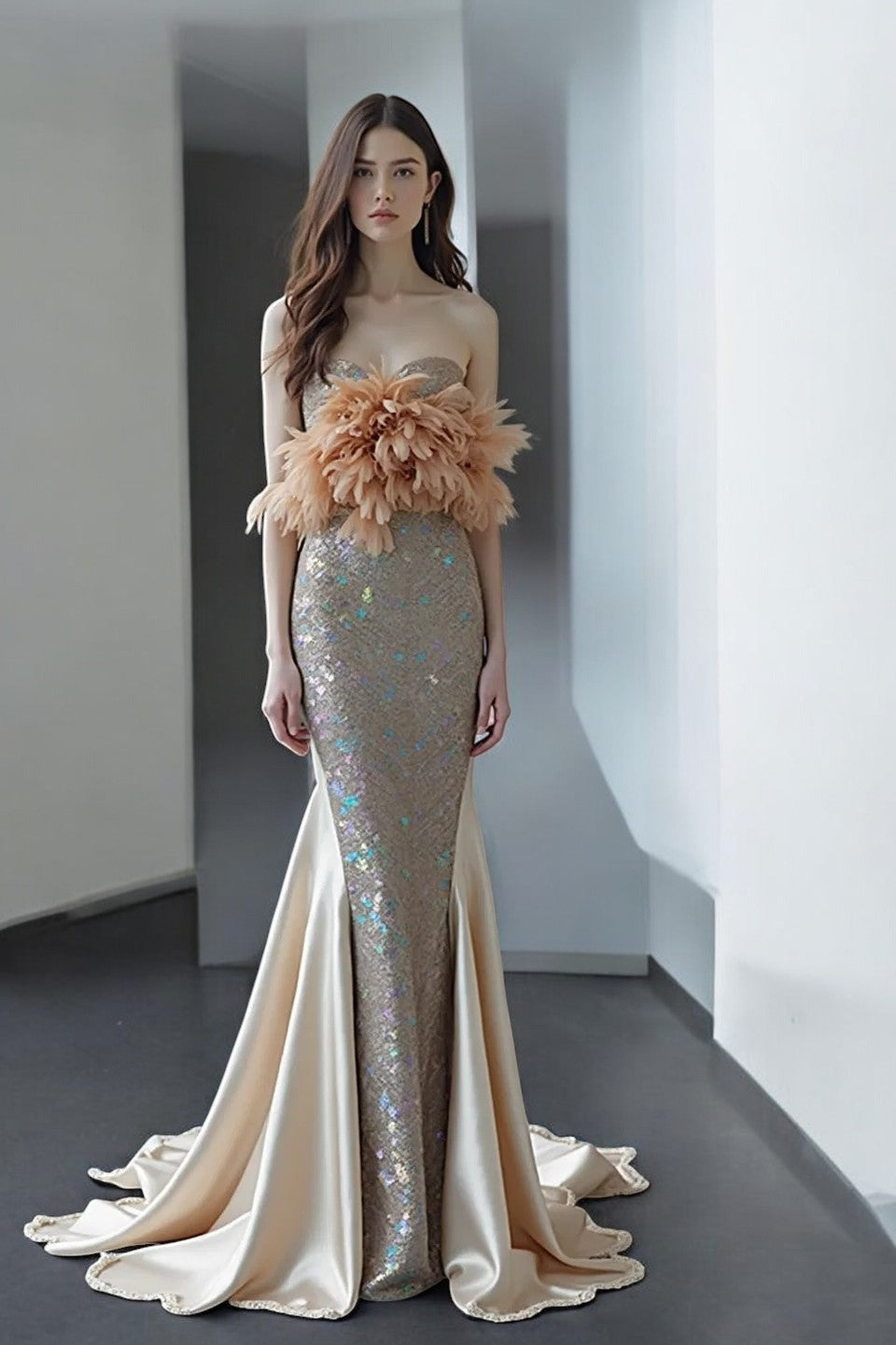 Feathered Bodice Flared Gown
