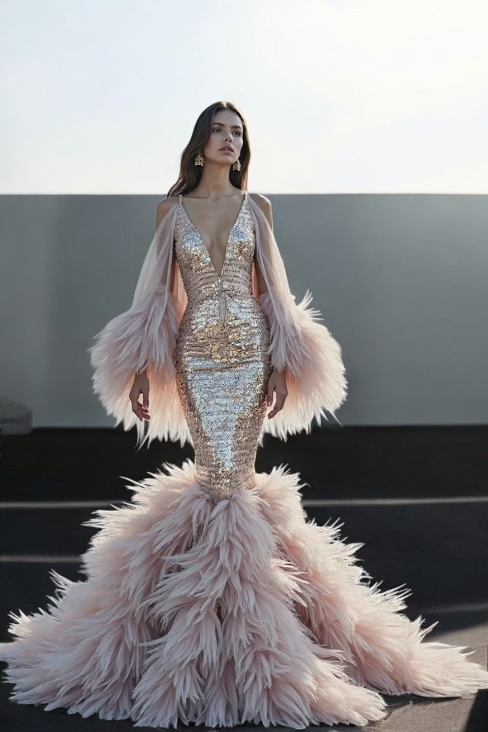 Feathered Exposed Shoulder Gown