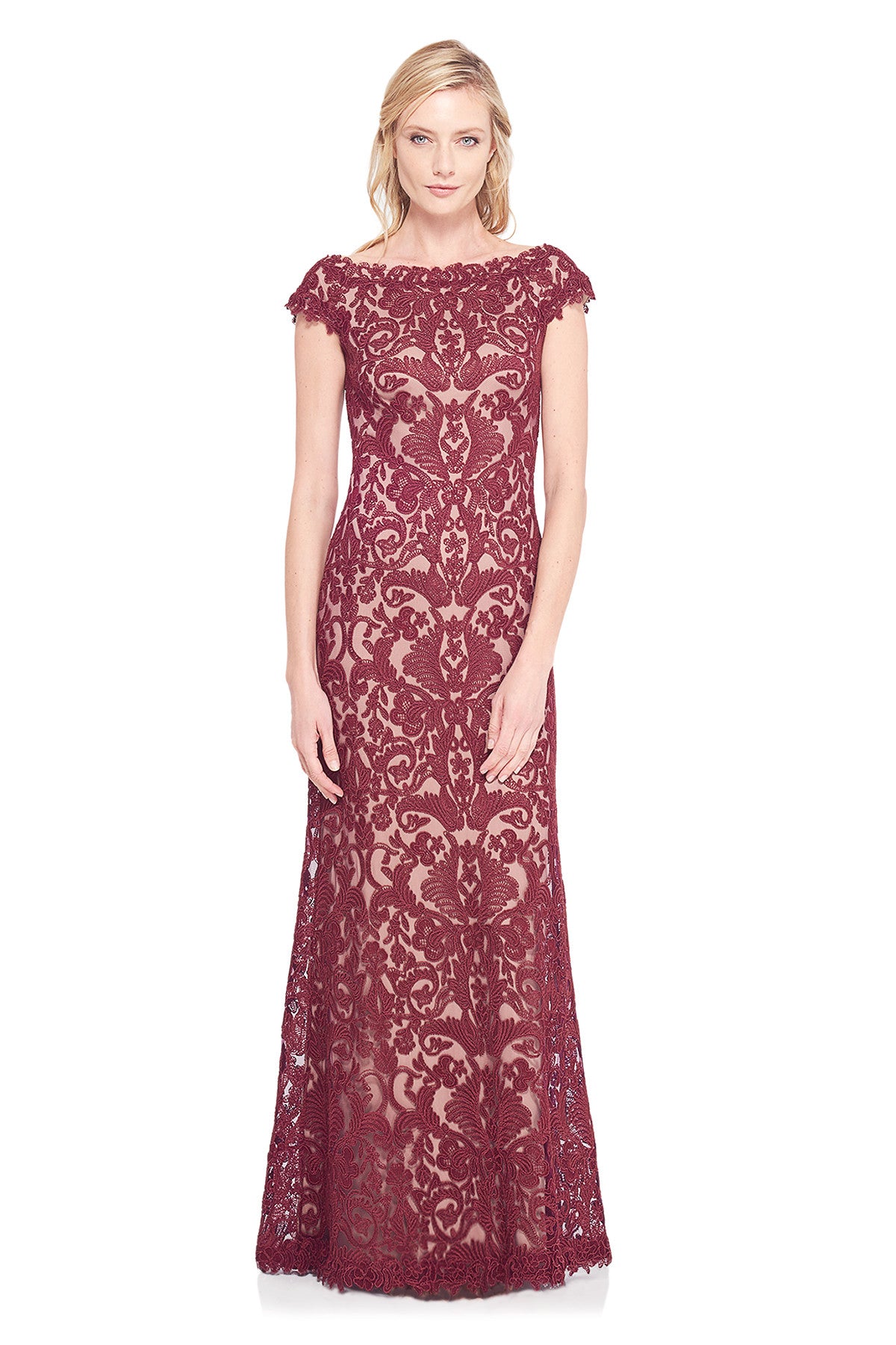 Corded Embroidery Tulle Cap Sleeve Gown