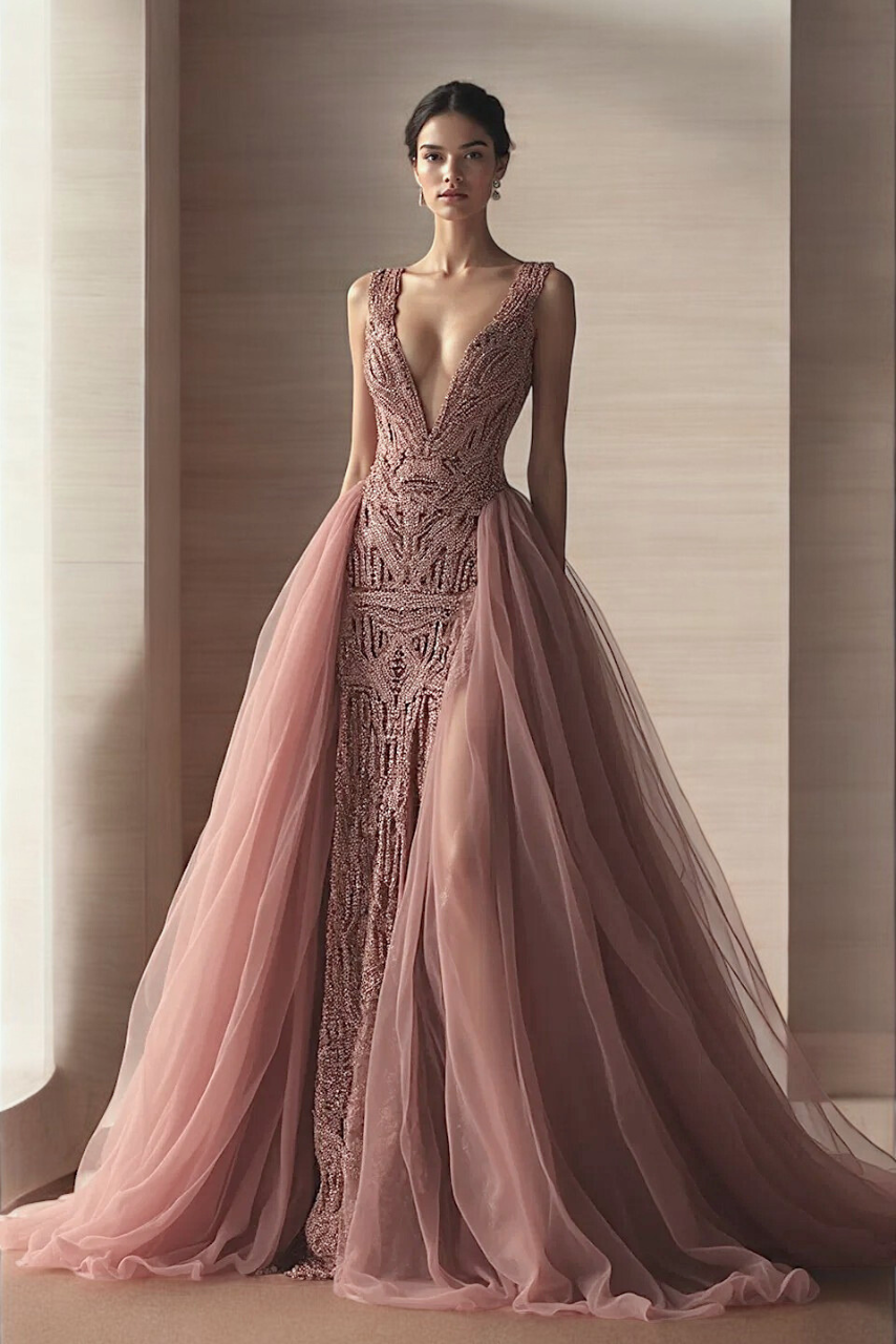 Sleeveless Tulle Overskirt Gown