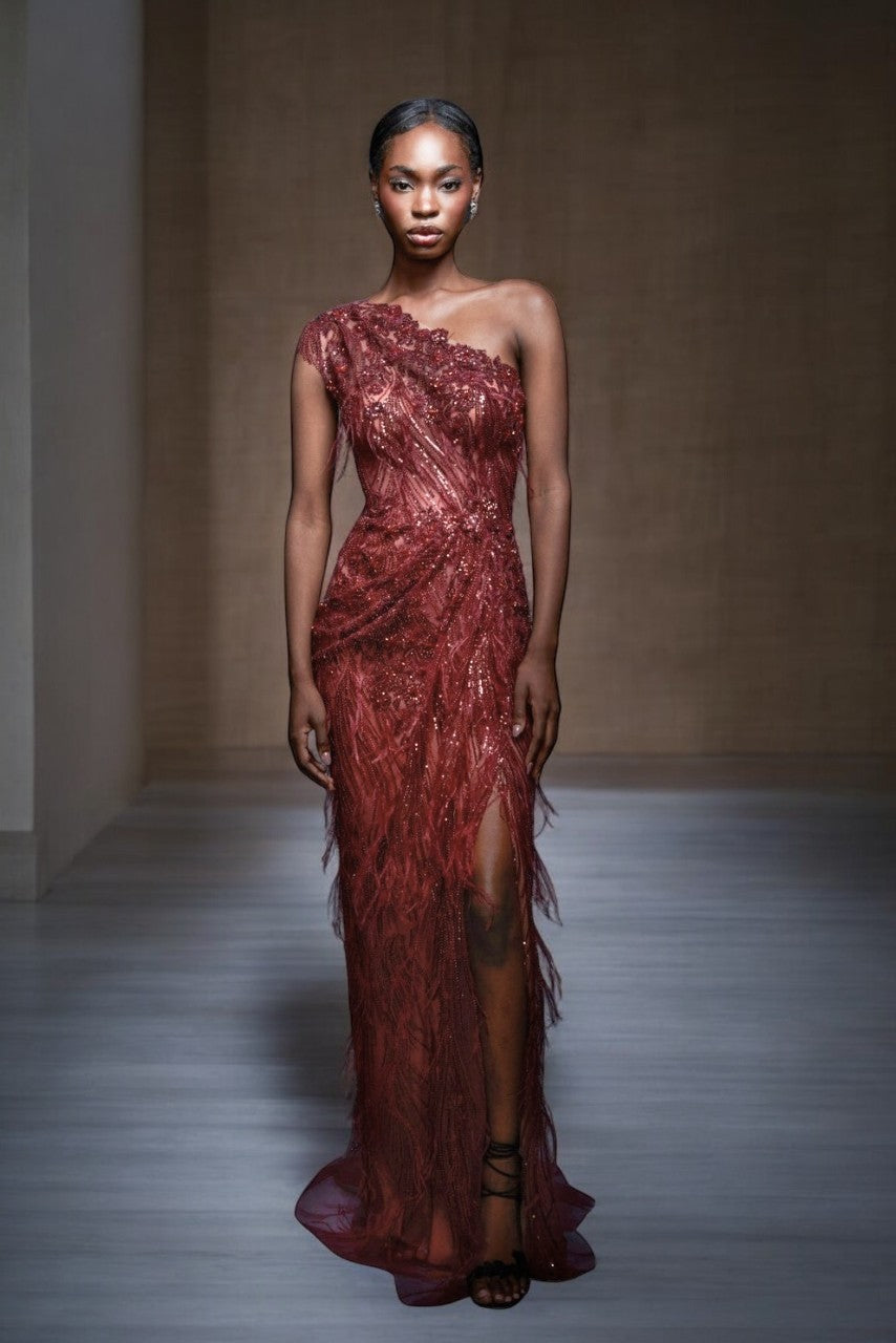 Beaded Ostrich- Feather Gown