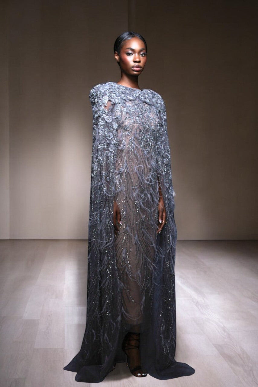 Beaded Feathered Gown with Floor-Length Cape