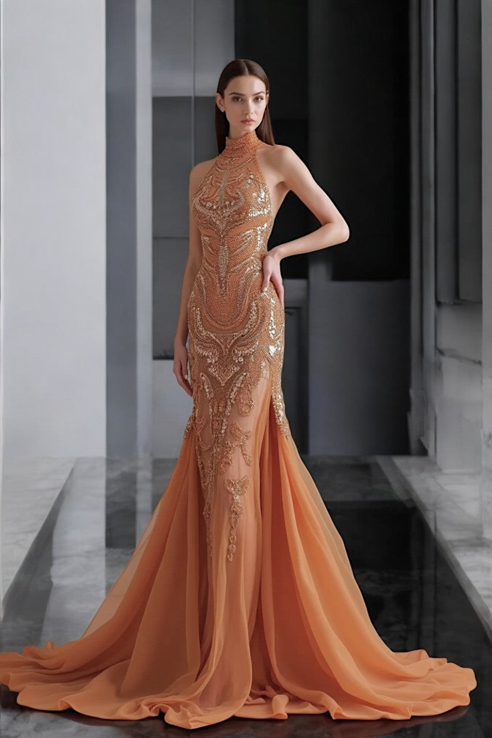 Flared-Halter-Neck Gown