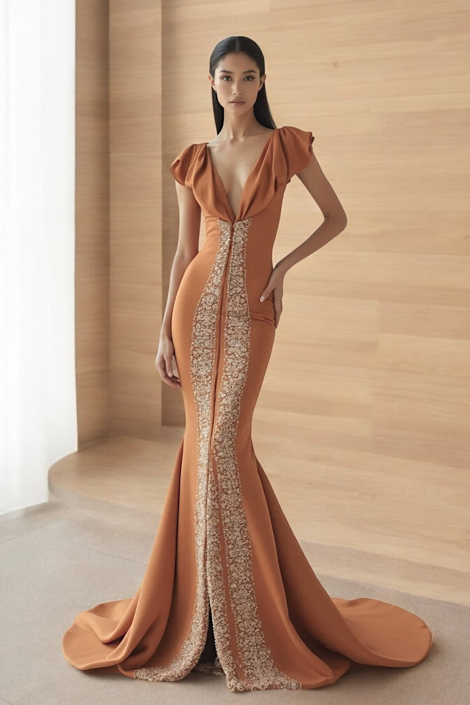 Deep V-Neck Ruffled Sleeved Gown